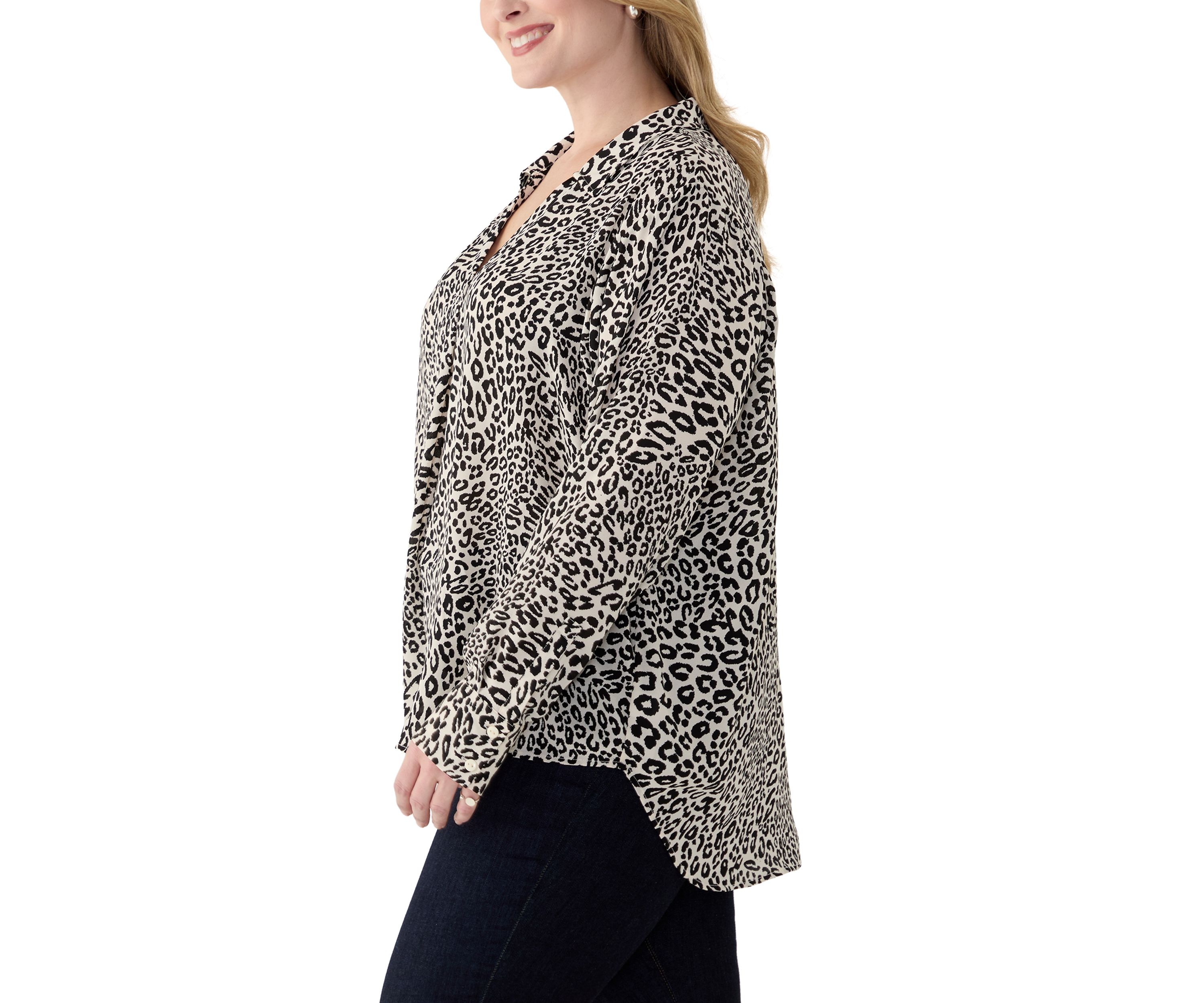 Plus Size Long Sleeve Printed Collared Blouse