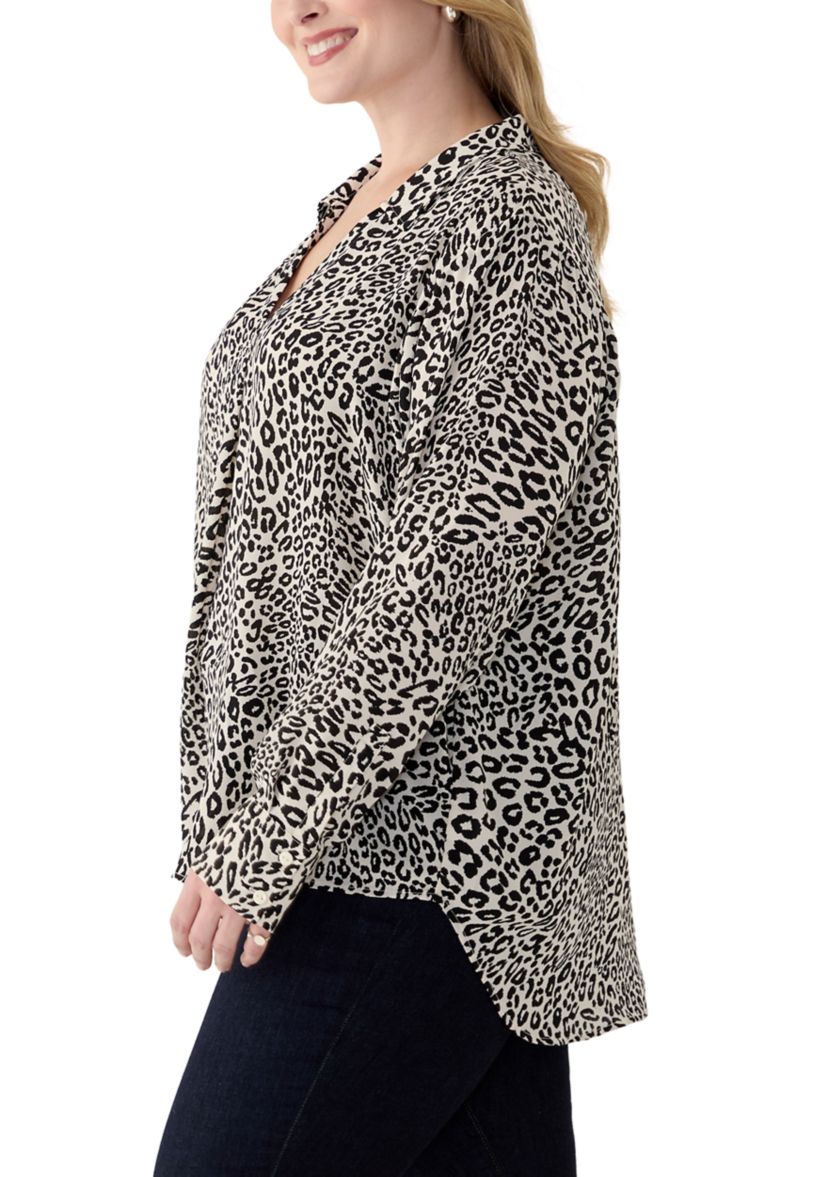 Plus Size Long Sleeve Printed Collared Blouse