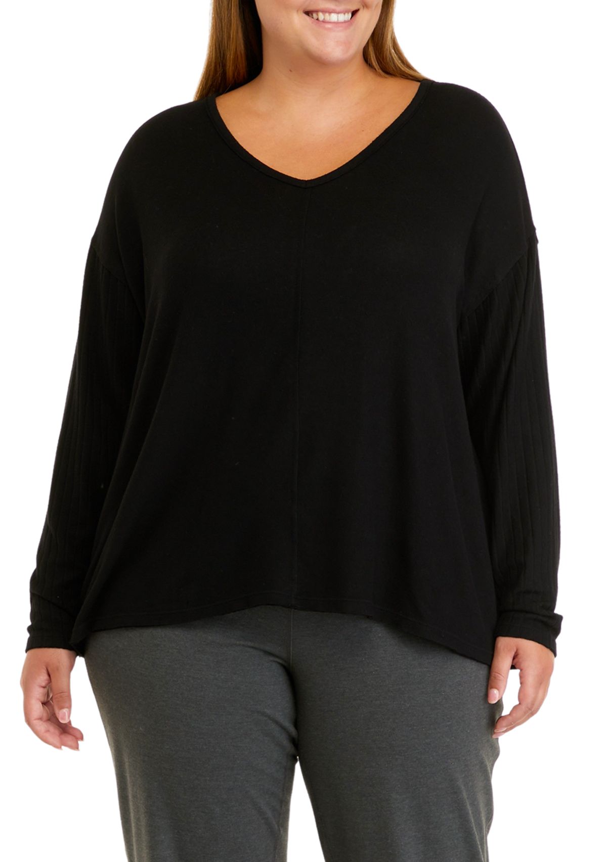 Plus Size Long Sleeve Raw Edge V-Neck Top