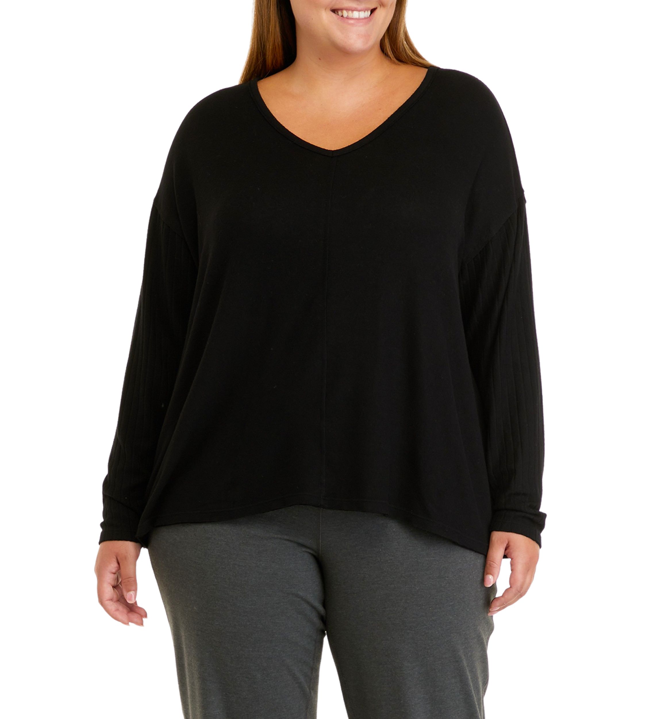 Plus Size Long Sleeve Raw Edge V-Neck Top
