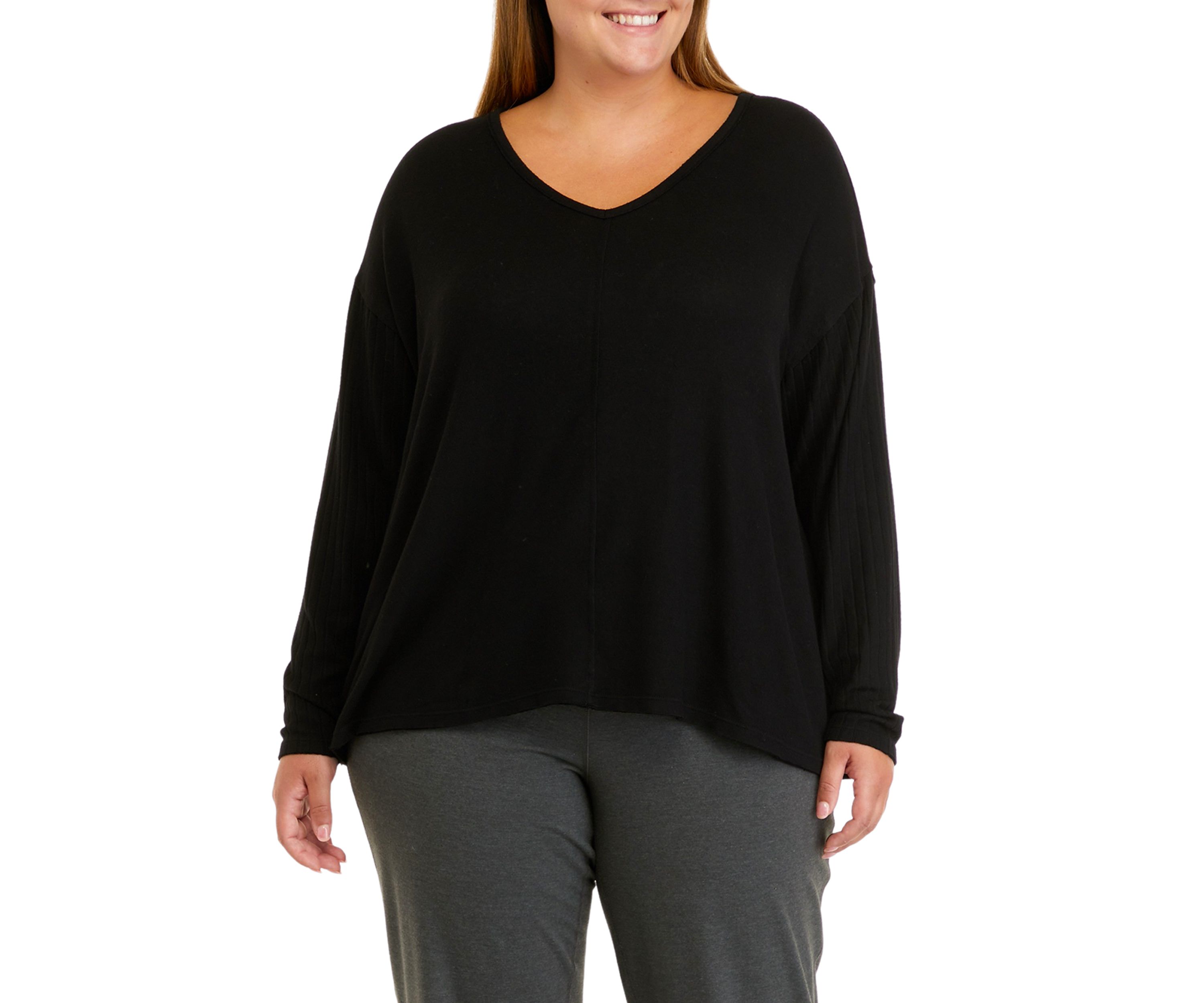 Plus Size Long Sleeve Raw Edge V-Neck Top
