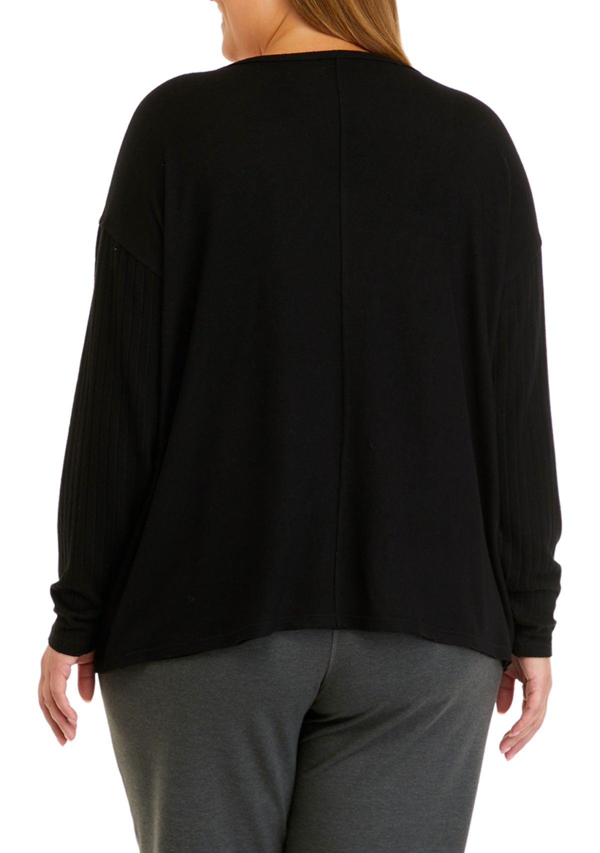 Plus Size Long Sleeve Raw Edge V-Neck Top