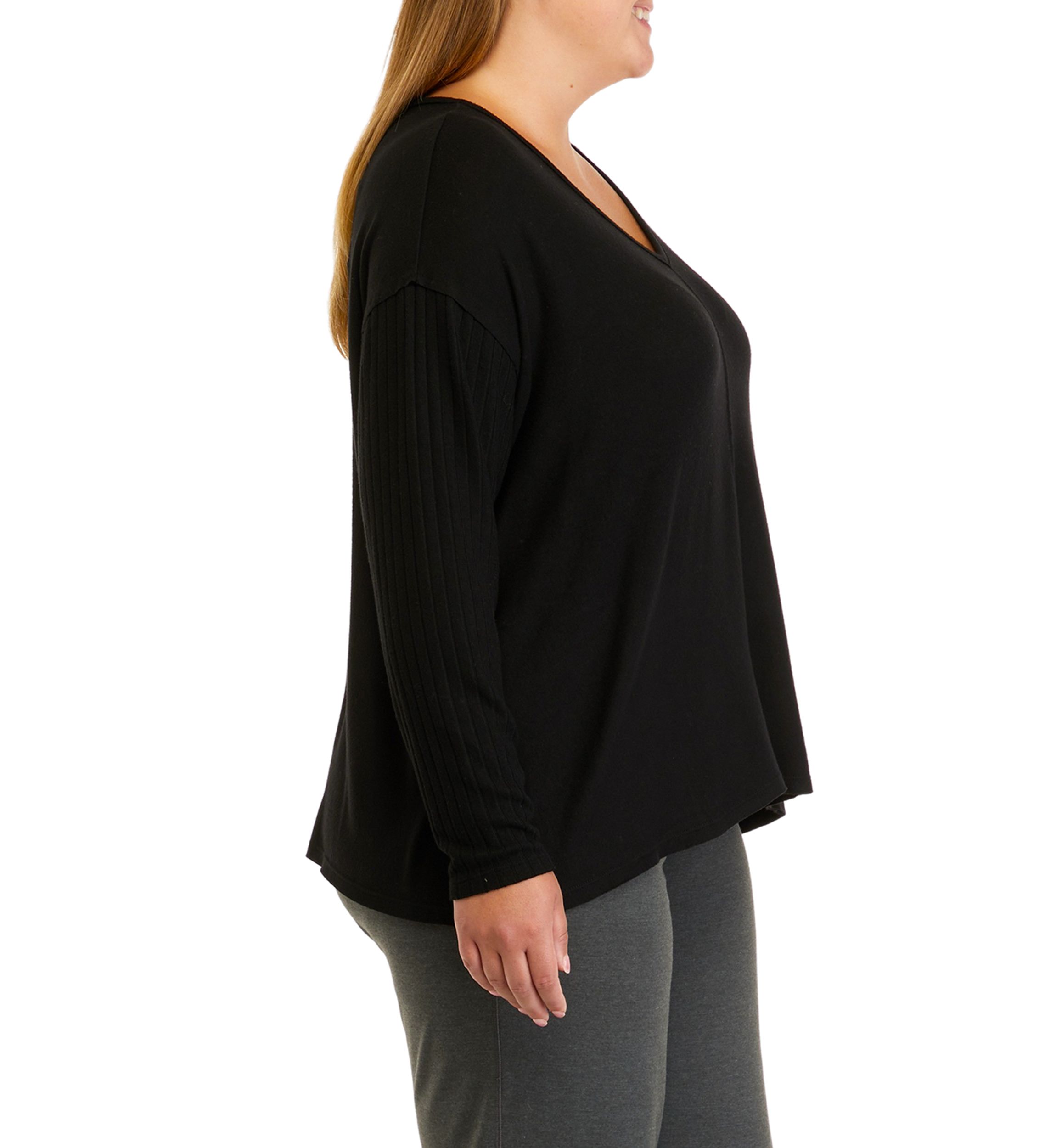 Plus Size Long Sleeve Raw Edge V-Neck Top