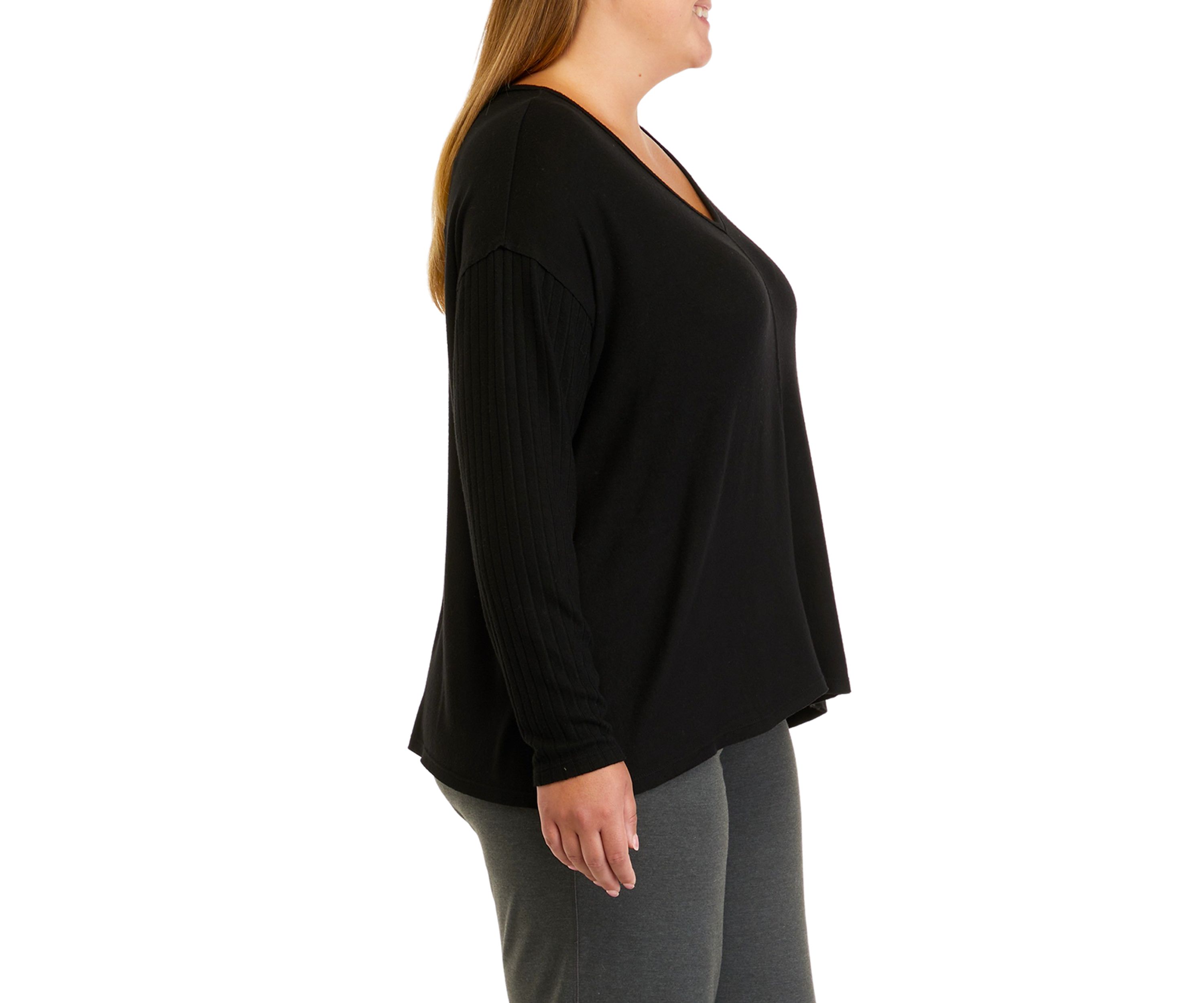 Plus Size Long Sleeve Raw Edge V-Neck Top