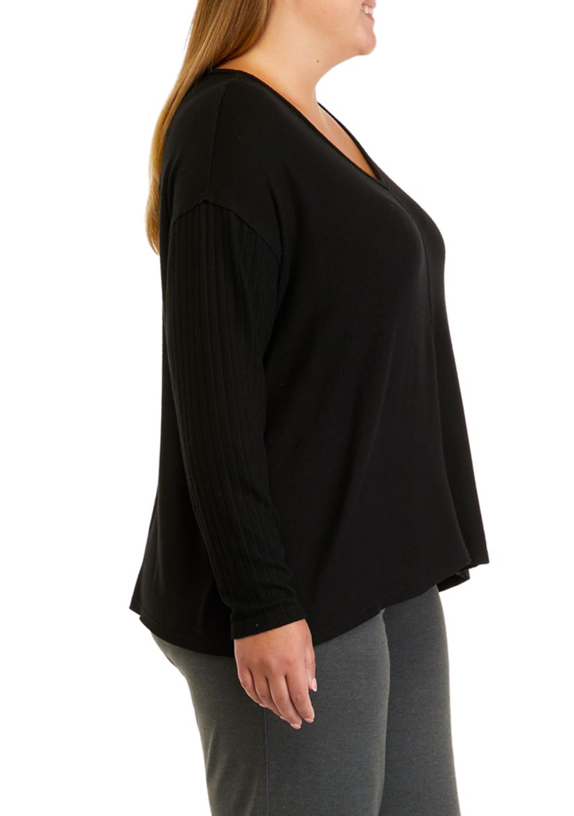 Plus Size Long Sleeve Raw Edge V-Neck Top