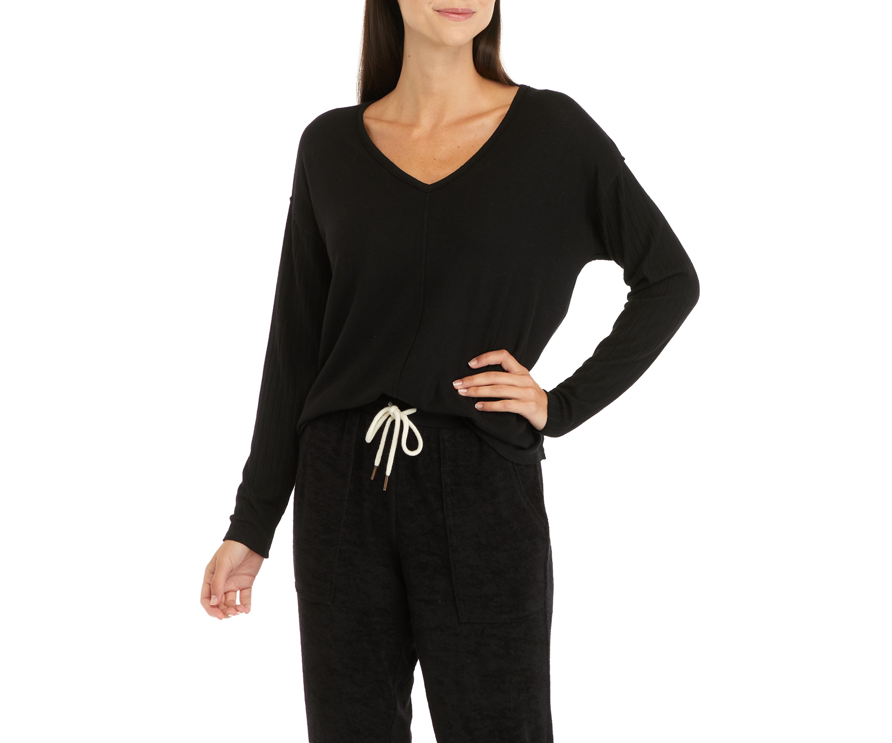 Studio Womens Long Sleeve Raw Edge V-Neck T-Shirt