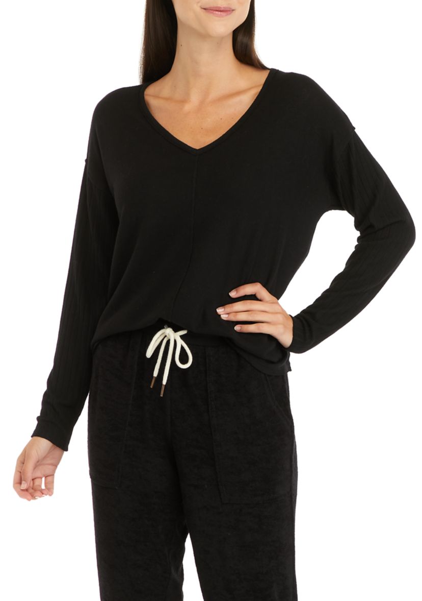 Studio Womens Long Sleeve Raw Edge V-Neck T-Shirt
