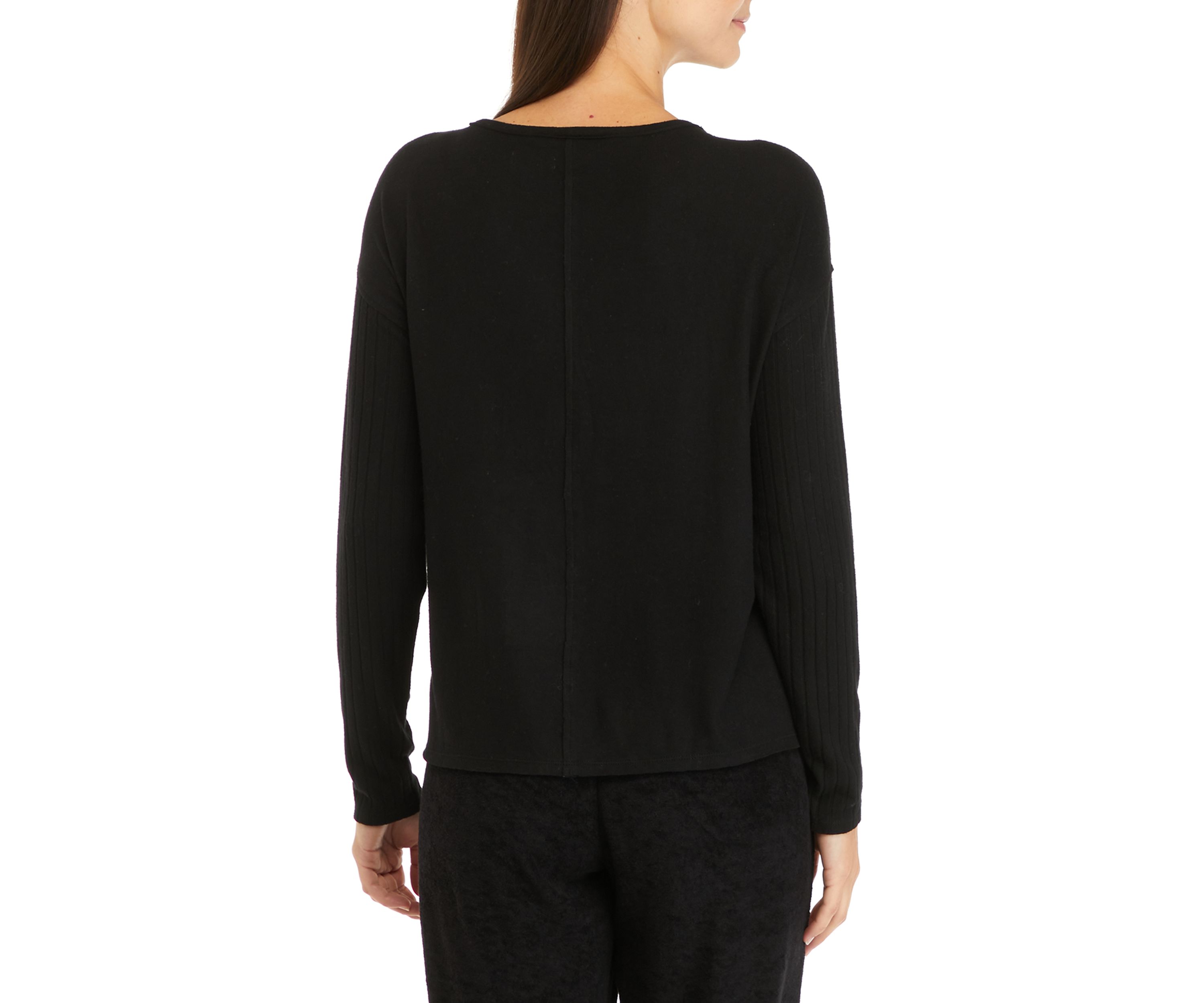 Studio Womens Long Sleeve Raw Edge V-Neck T-Shirt