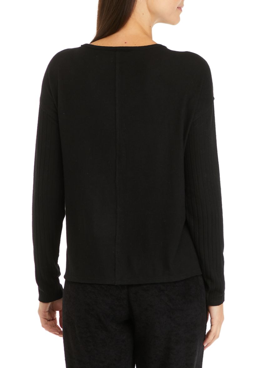 Studio Womens Long Sleeve Raw Edge V-Neck T-Shirt