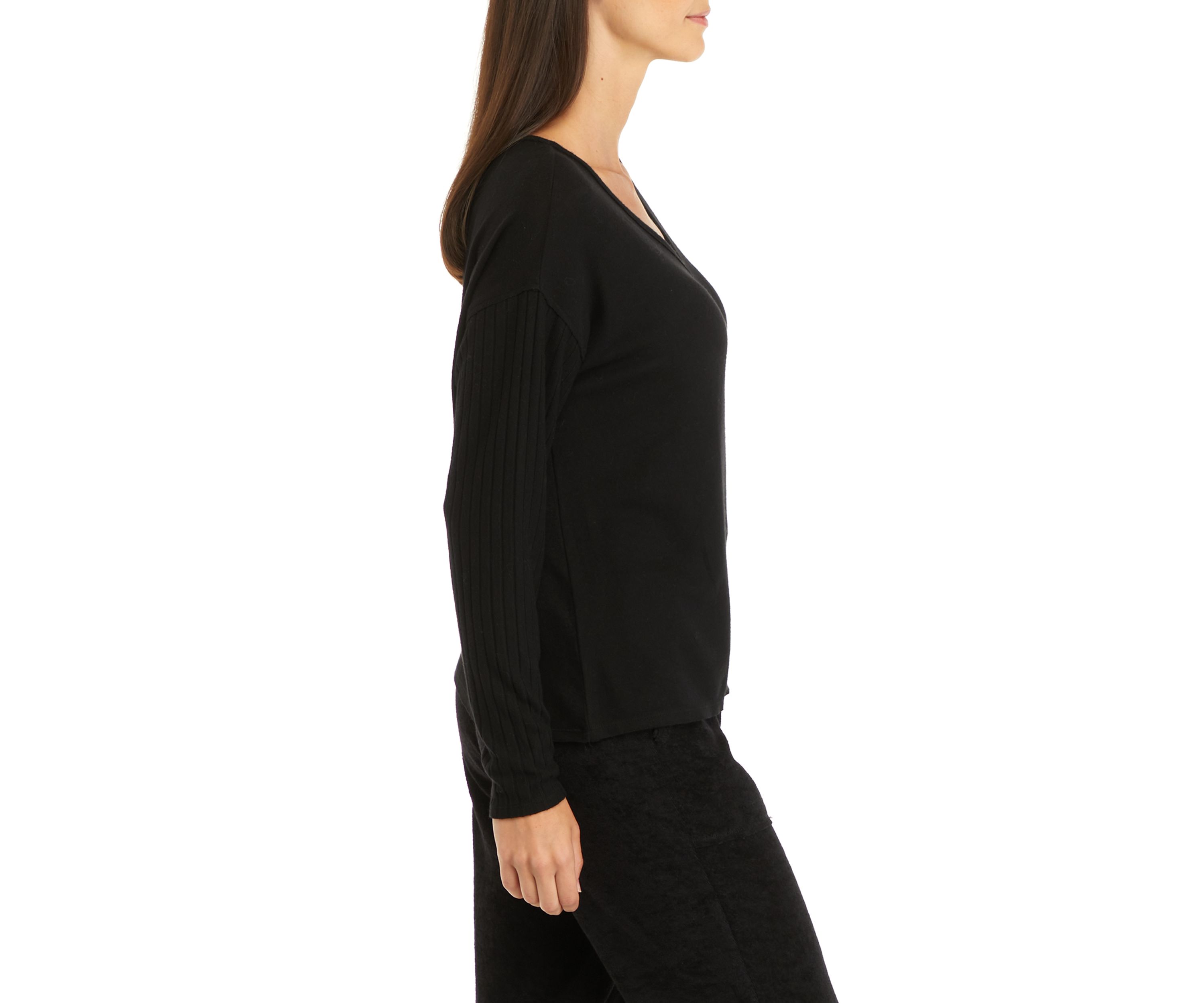 Studio Womens Long Sleeve Raw Edge V-Neck T-Shirt