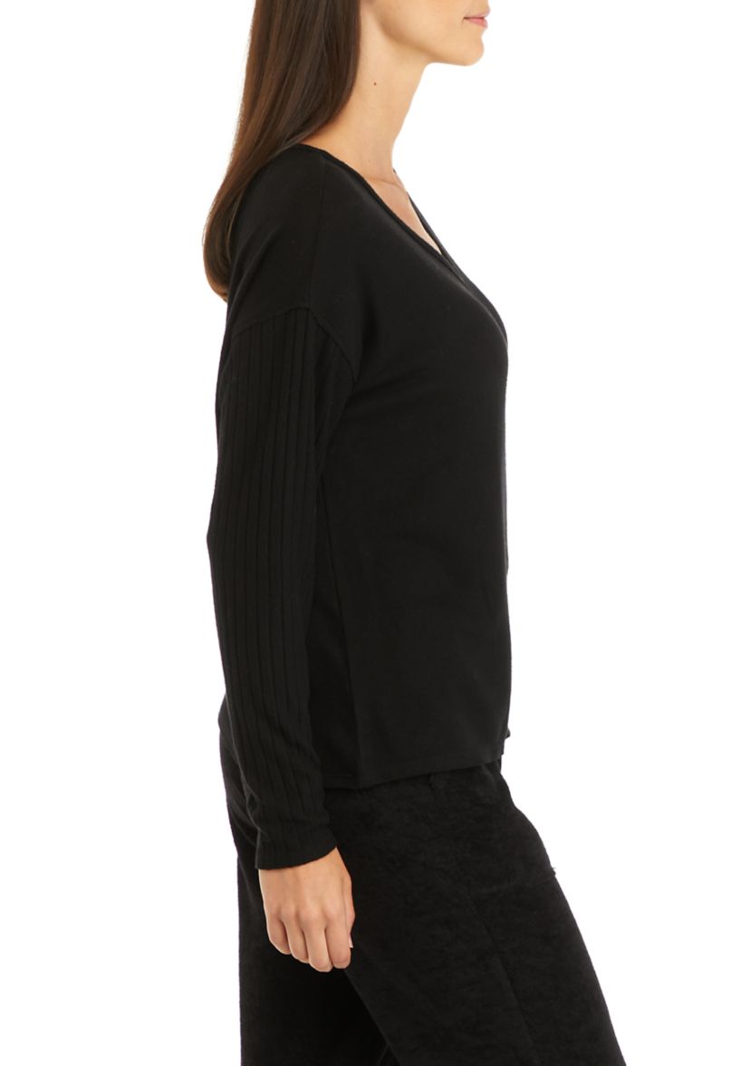 Studio Womens Long Sleeve Raw Edge V-Neck T-Shirt