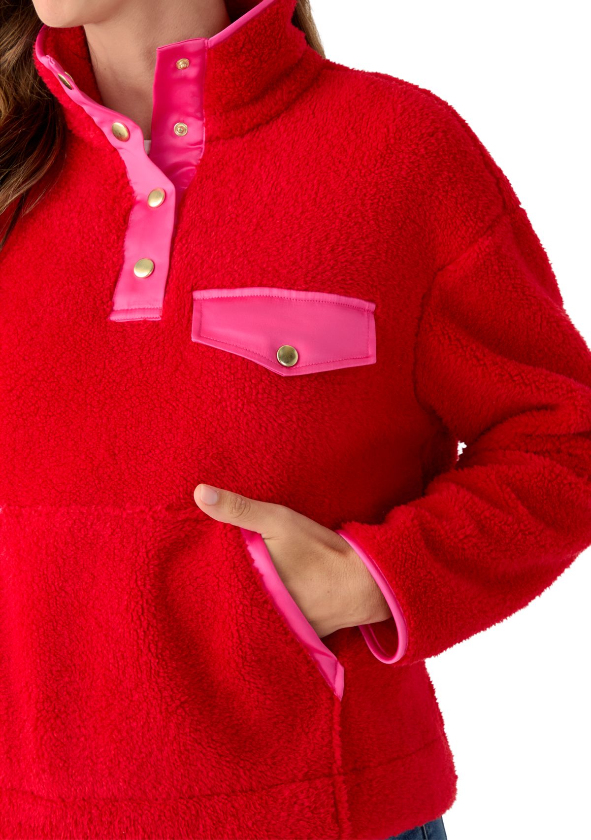Womens Long Sleeve Sherpa Pullover Button Down