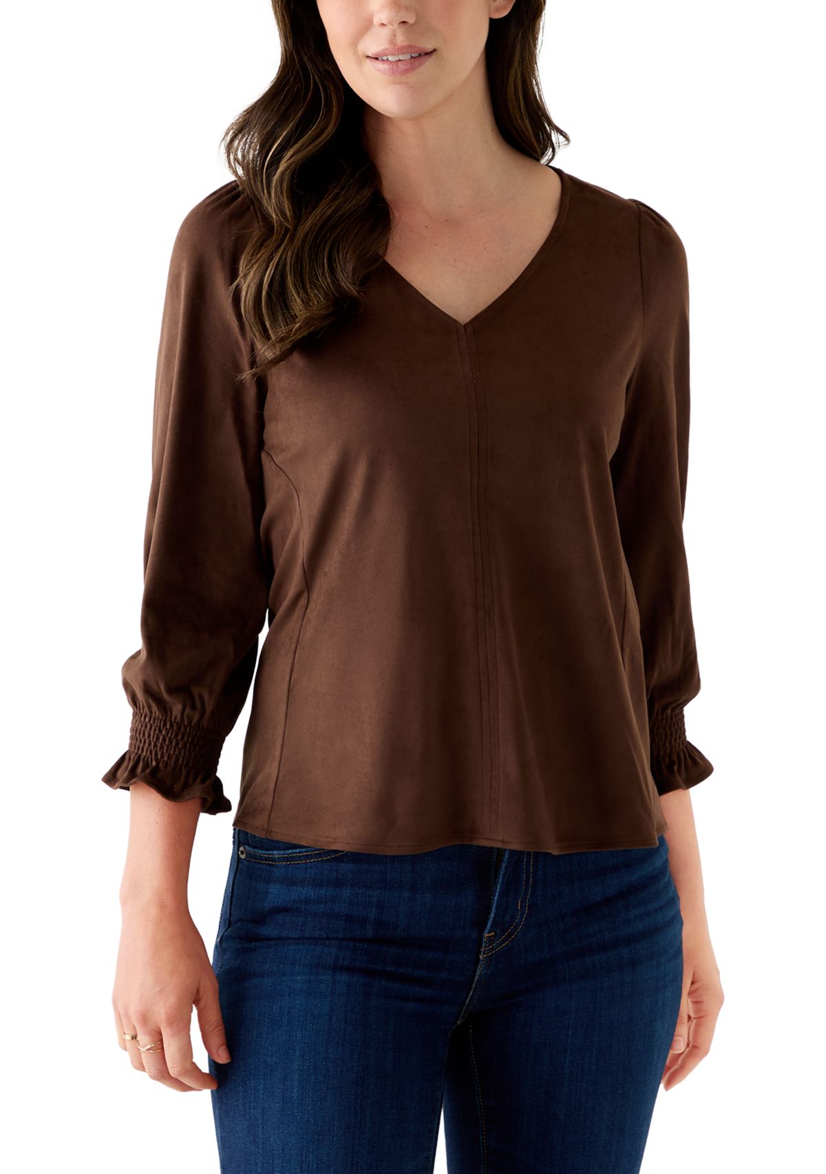 3/4 Sleeve Suede V-Neck Shirt