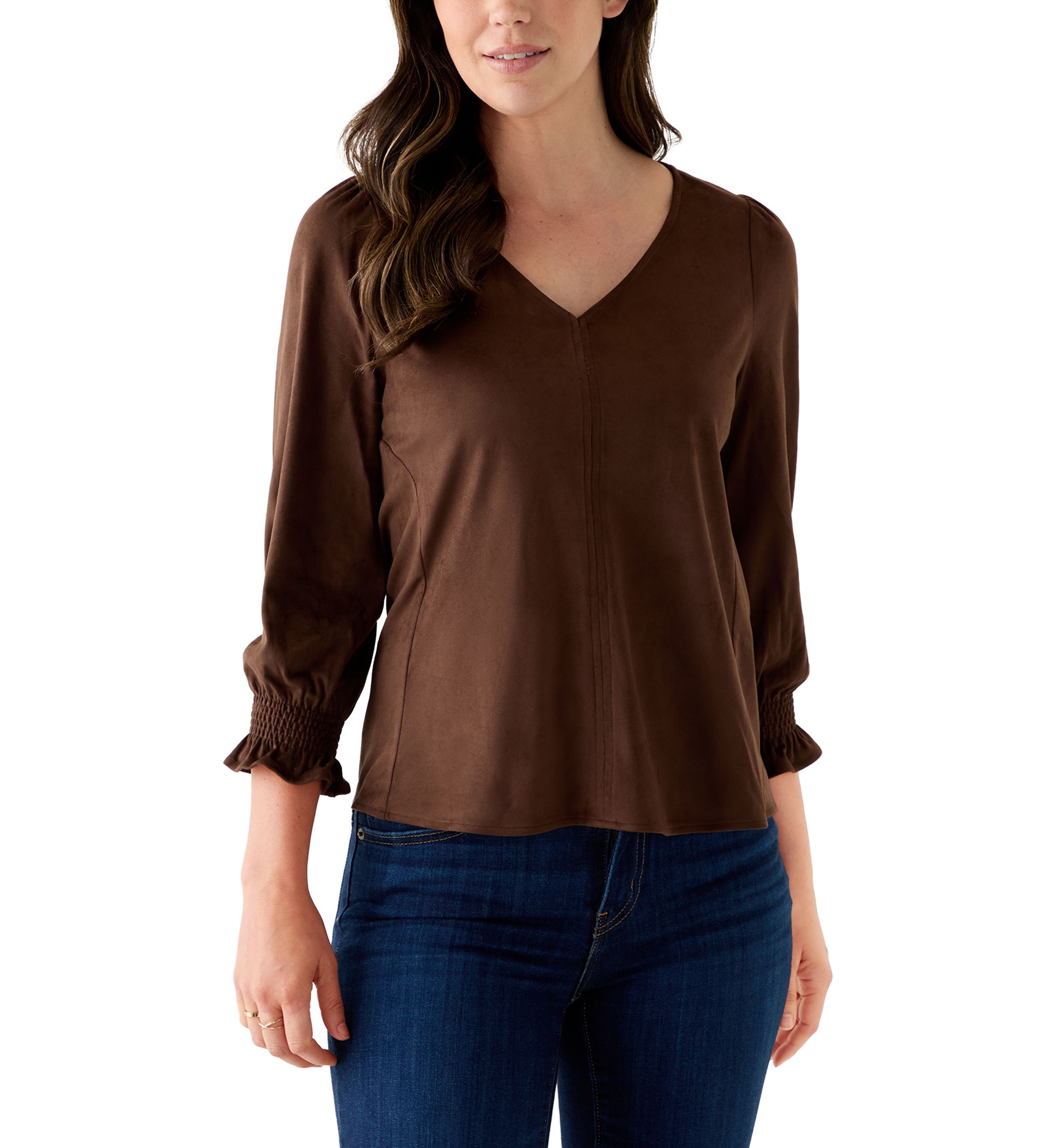 3/4 Sleeve Suede V-Neck Shirt