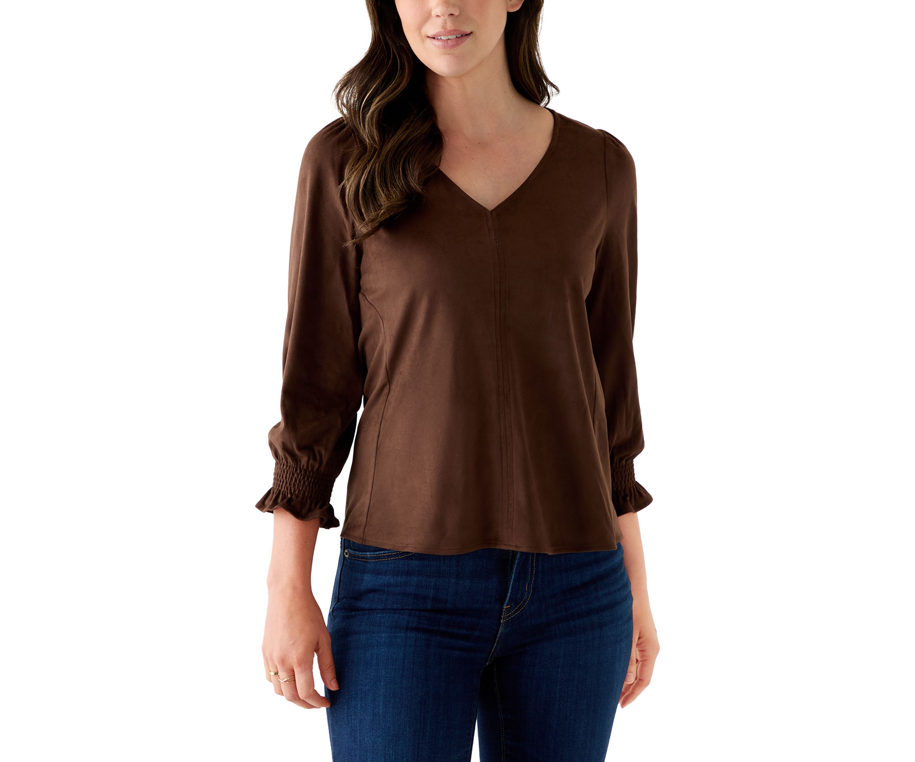 3/4 Sleeve Suede V-Neck Shirt