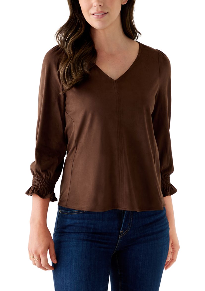 3/4 Sleeve Suede V-Neck Shirt