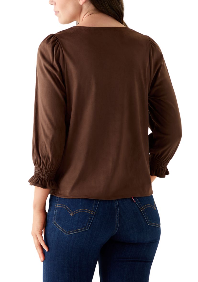 3/4 Sleeve Suede V-Neck Shirt