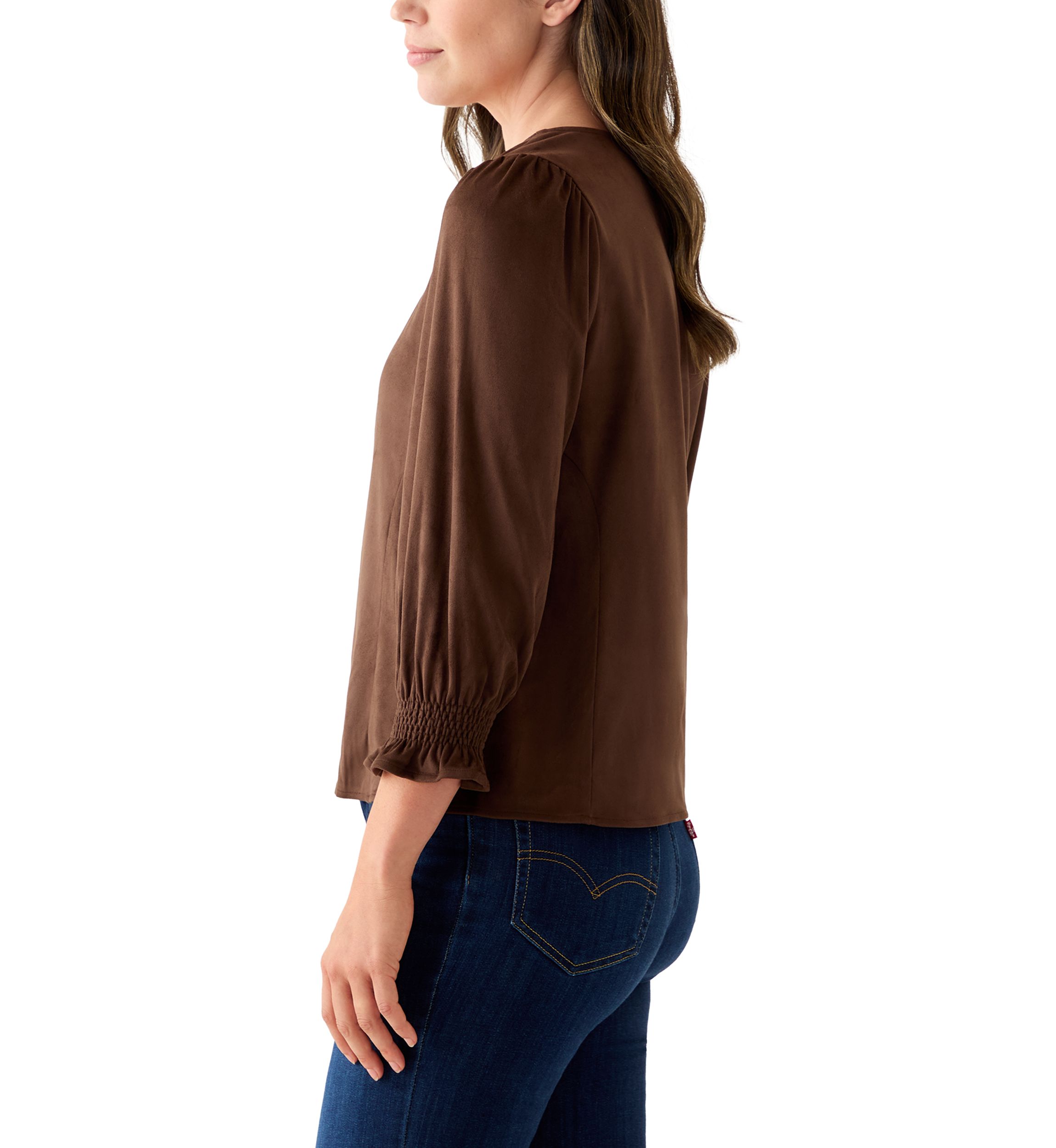 3/4 Sleeve Suede V-Neck Shirt