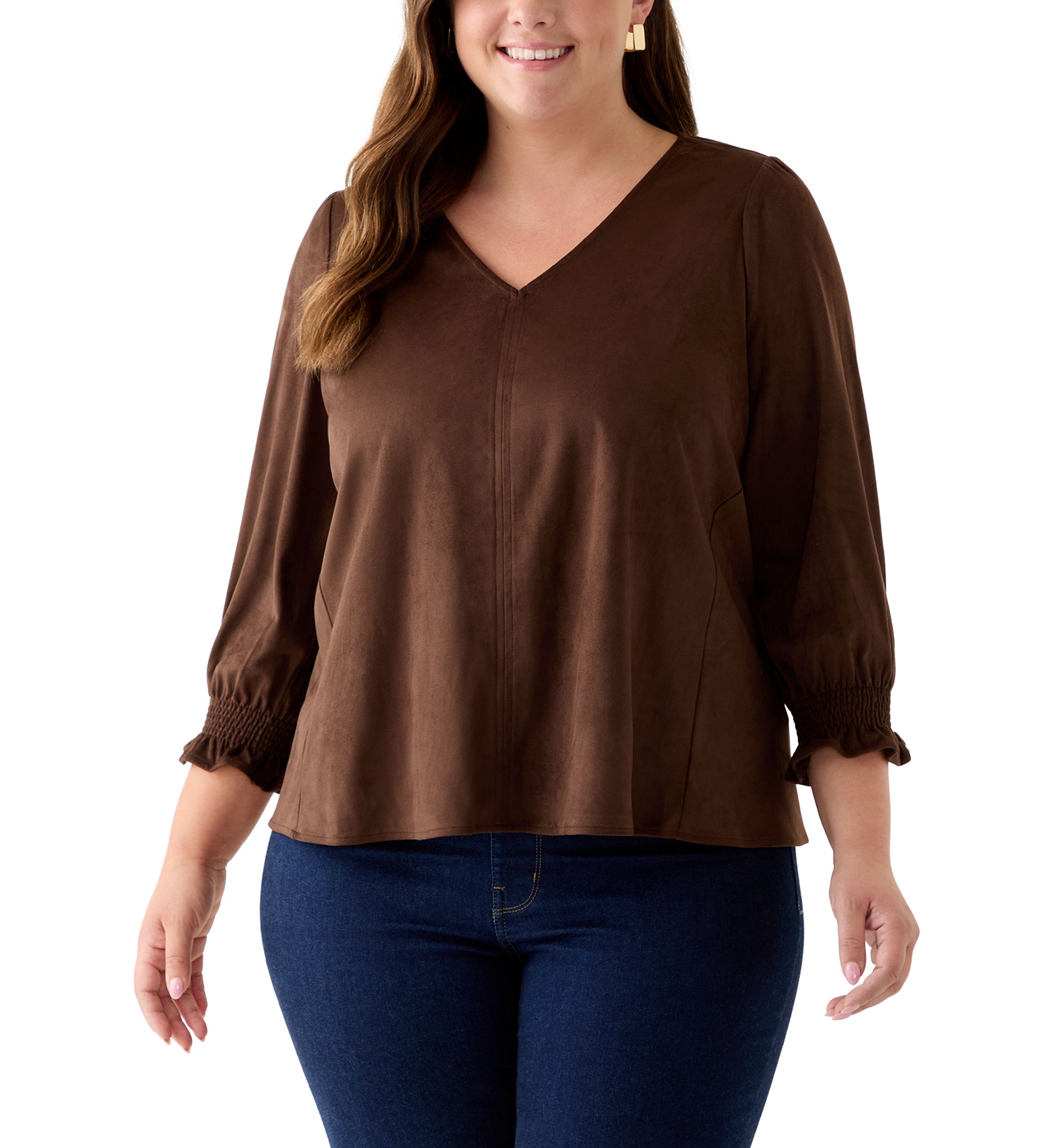 Plus Size 3/4 Sleeve Suede V-Neck Shirt