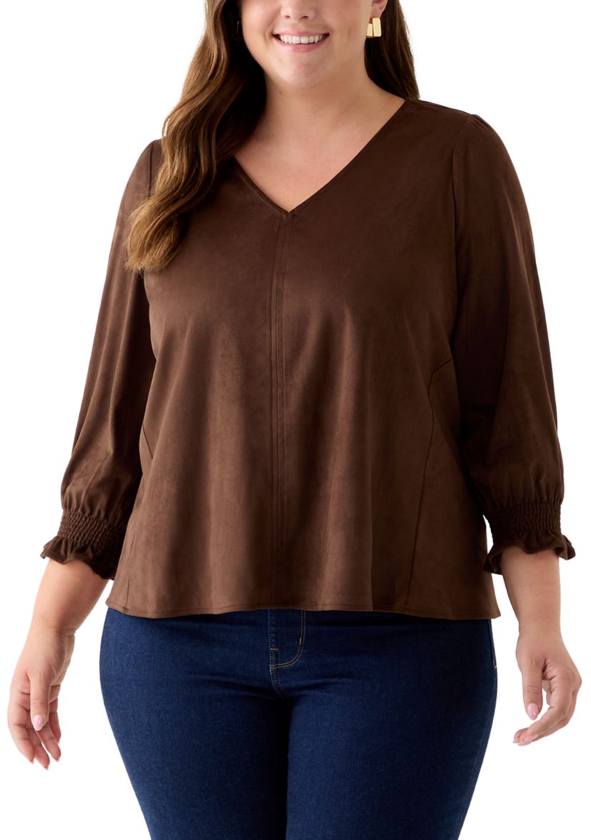 Plus Size 3/4 Sleeve Suede V-Neck Shirt