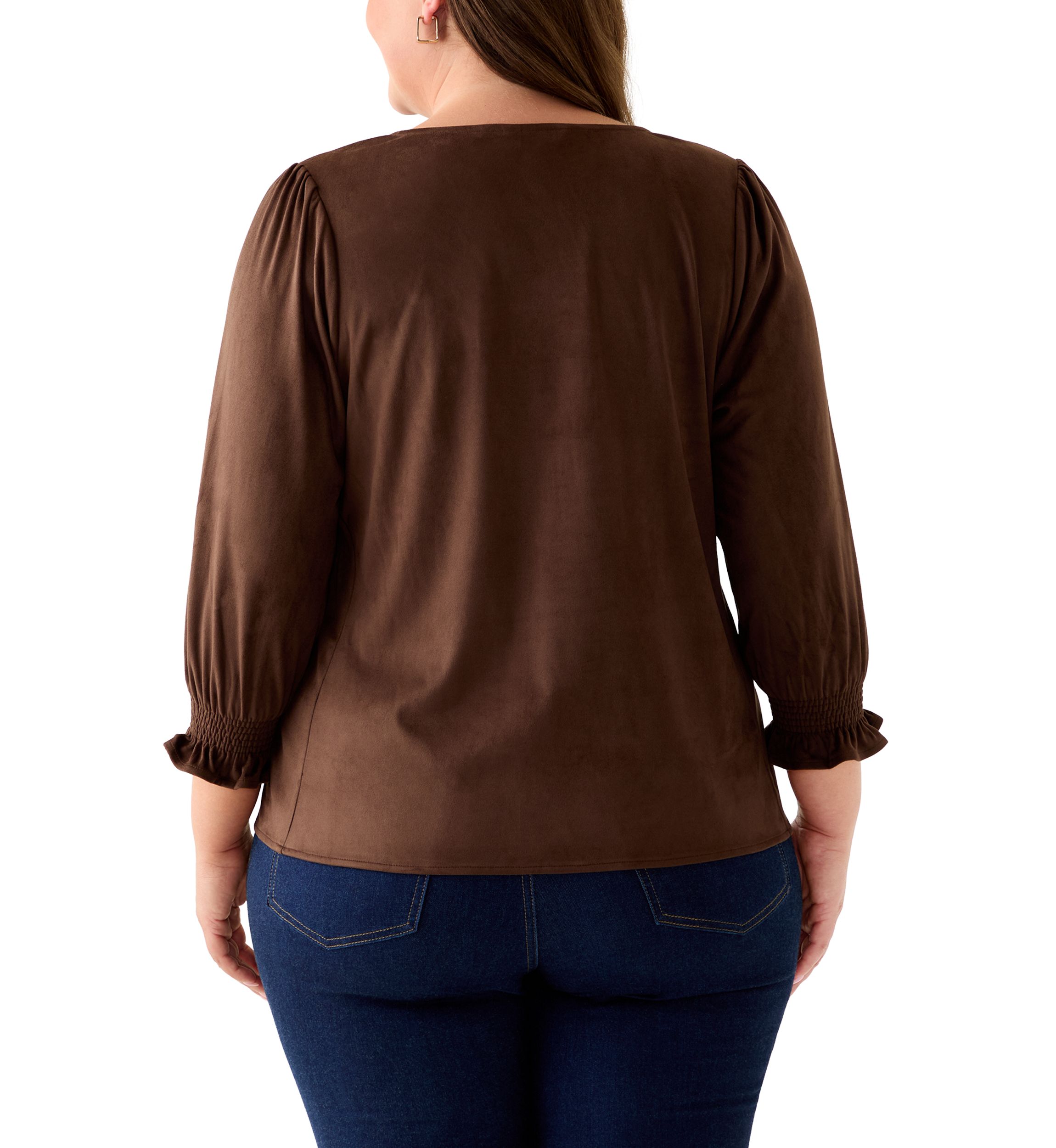 Plus Size 3/4 Sleeve Suede V-Neck Shirt