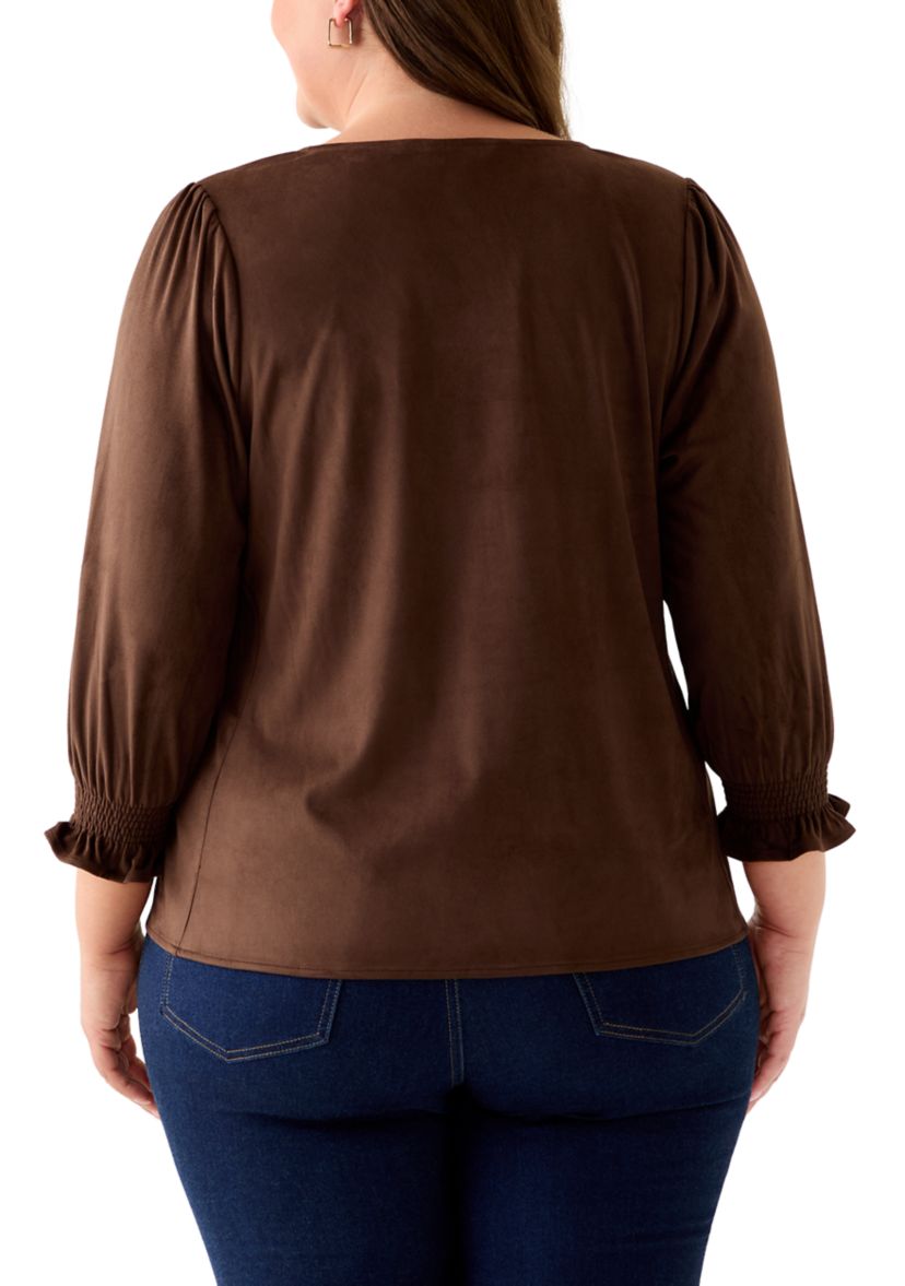 Plus Size 3/4 Sleeve Suede V-Neck Shirt