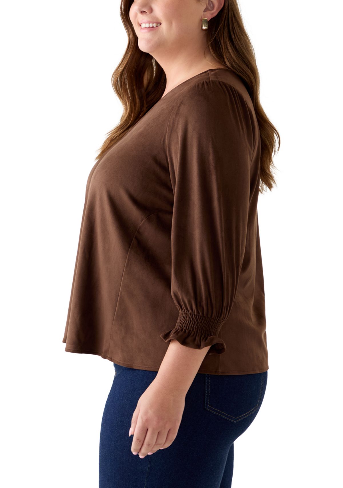 Plus Size 3/4 Sleeve Suede V-Neck Shirt