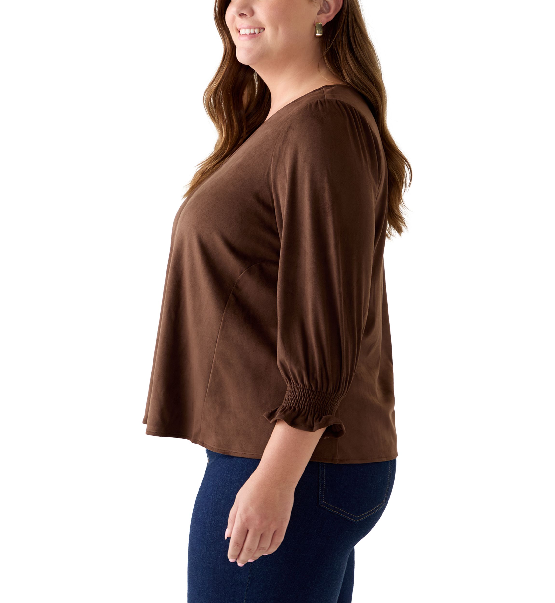 Plus Size 3/4 Sleeve Suede V-Neck Shirt