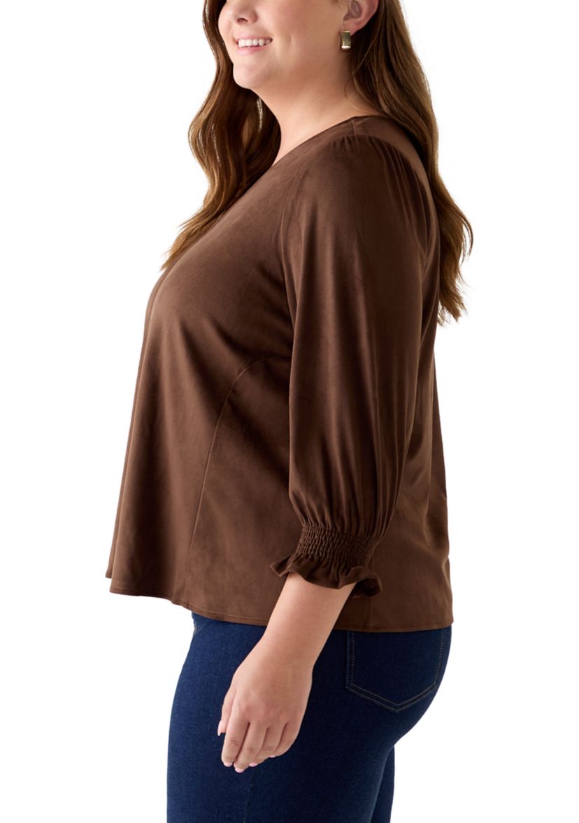 Plus Size 3/4 Sleeve Suede V-Neck Shirt