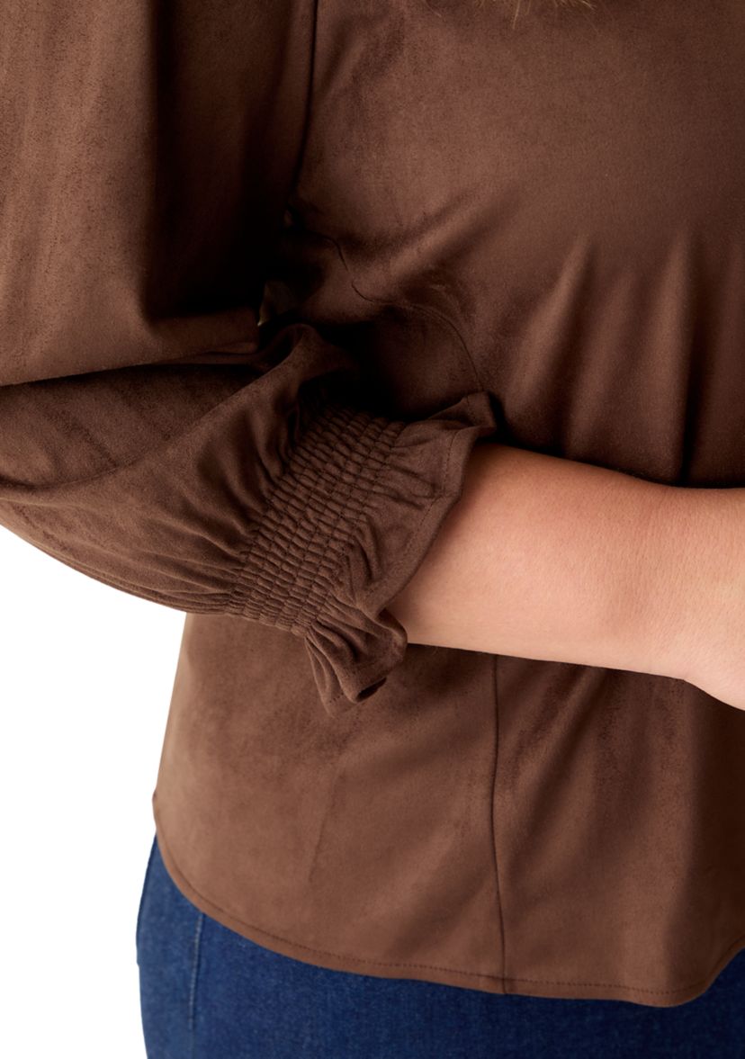 Plus Size 3/4 Sleeve Suede V-Neck Shirt