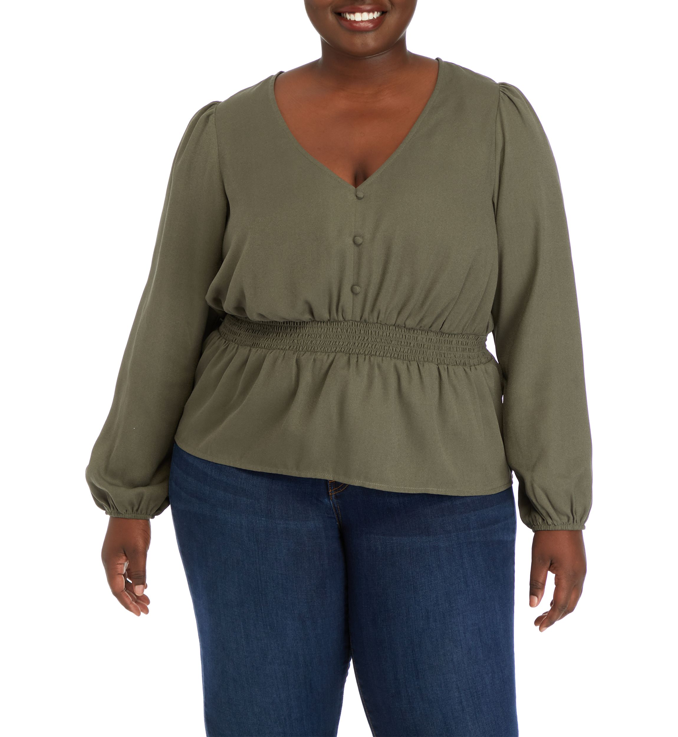 Plus Size Long Sleeve V-Neck Smocked Waist Woven Top