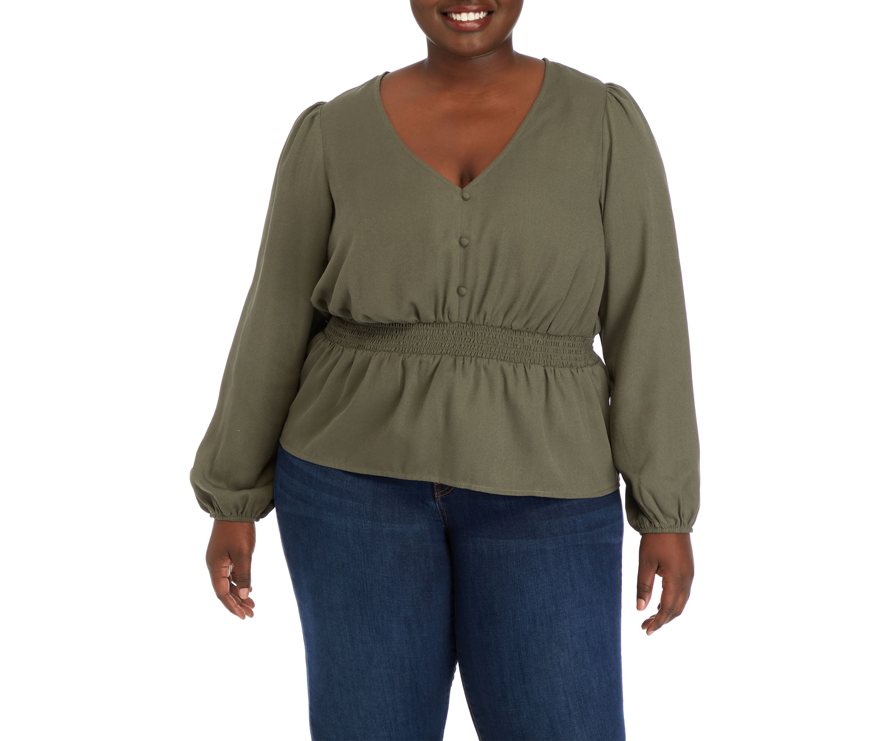 Plus Size Long Sleeve V-Neck Smocked Waist Woven Top