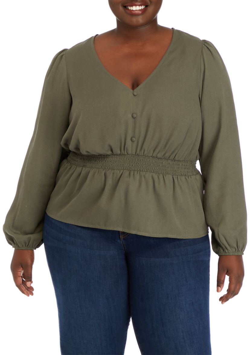 Plus Size Long Sleeve V-Neck Smocked Waist Woven Top