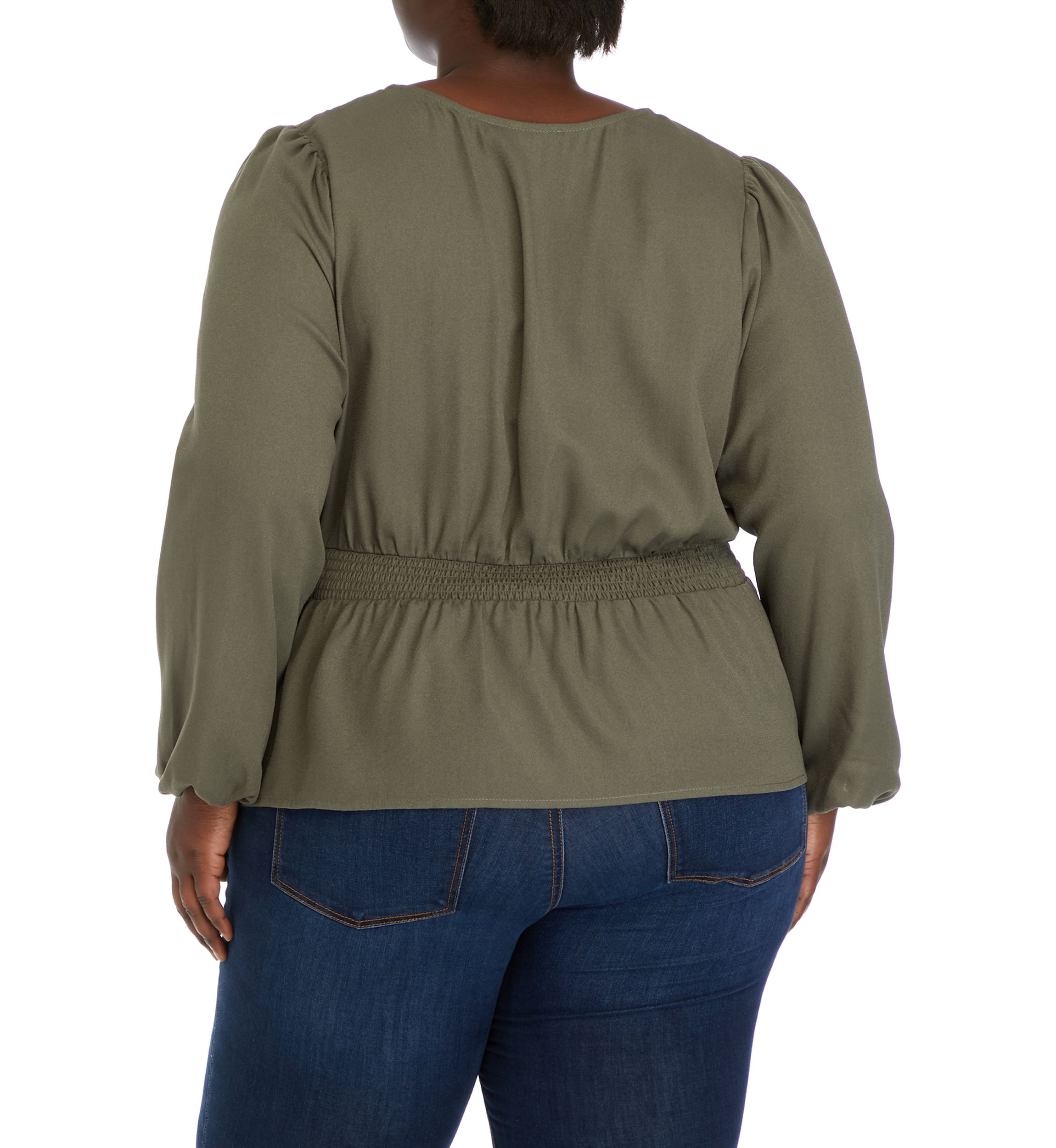 Plus Size Long Sleeve V-Neck Smocked Waist Woven Top