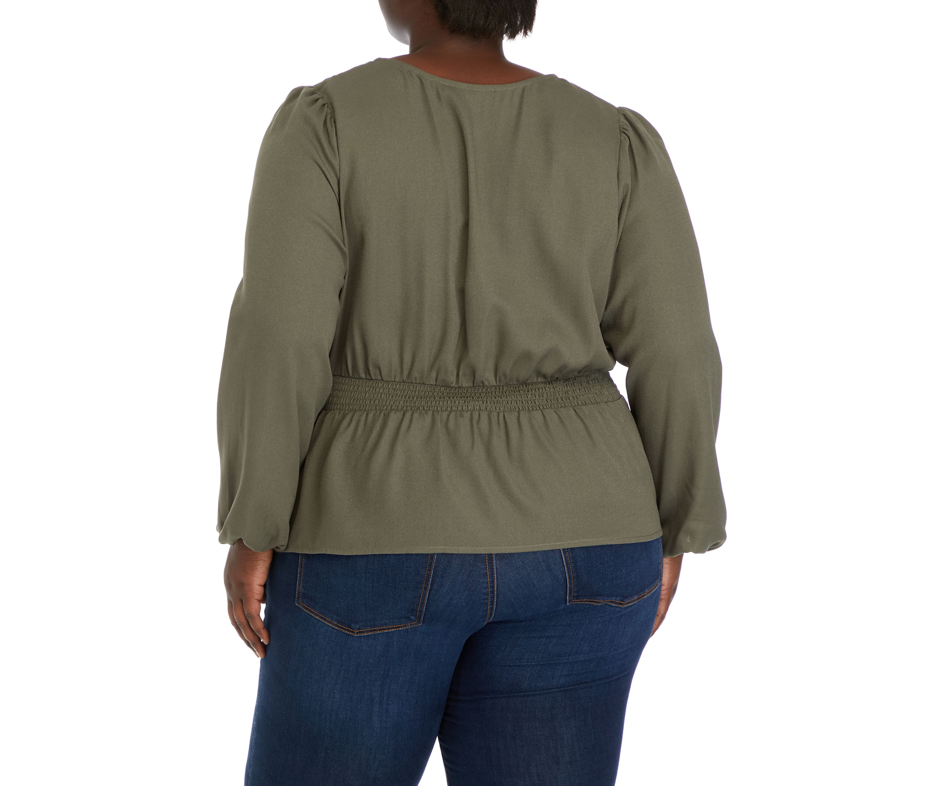 Plus Size Long Sleeve V-Neck Smocked Waist Woven Top