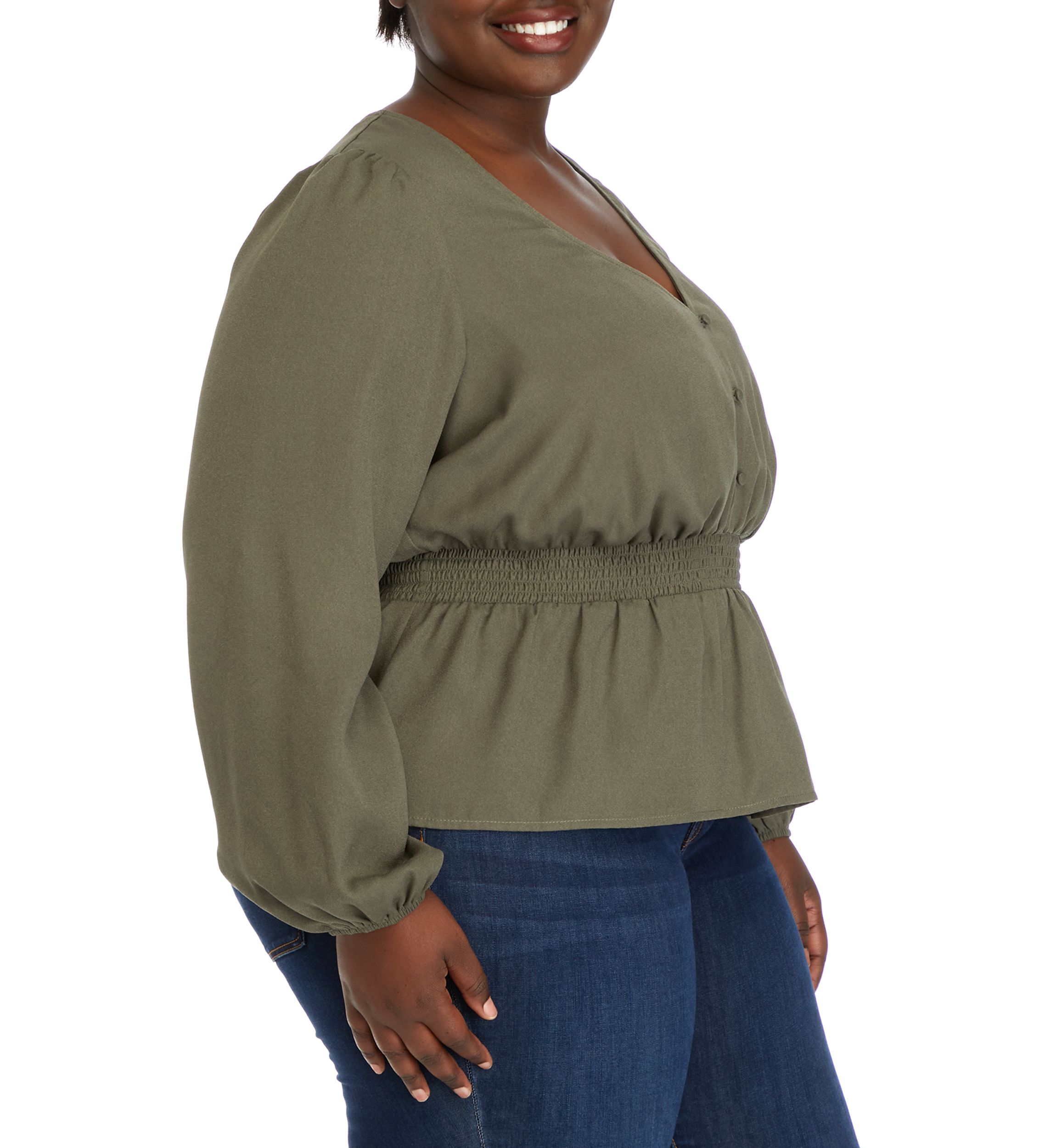 Plus Size Long Sleeve V-Neck Smocked Waist Woven Top