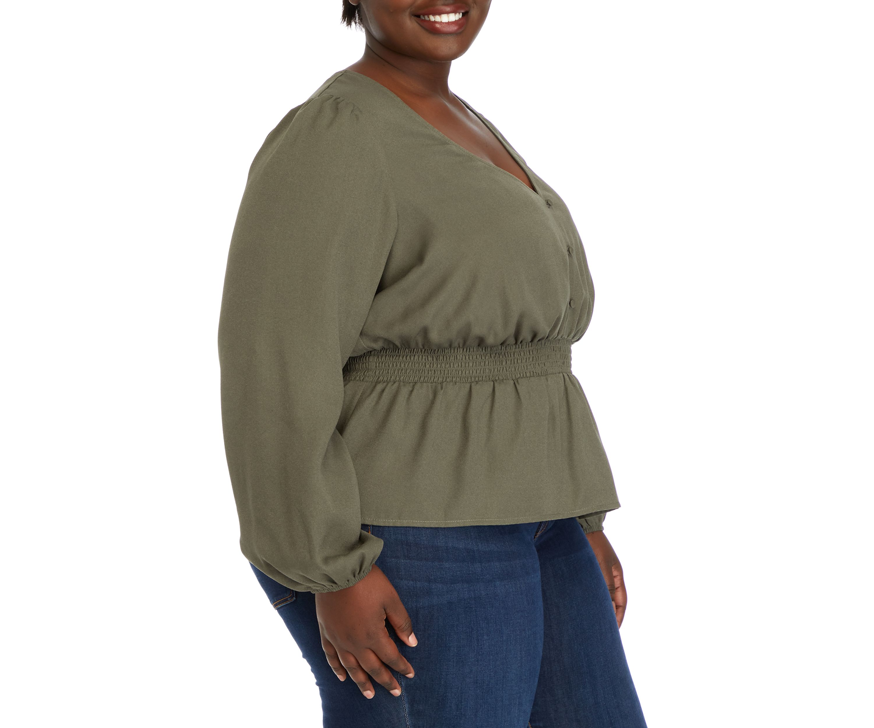 Plus Size Long Sleeve V-Neck Smocked Waist Woven Top