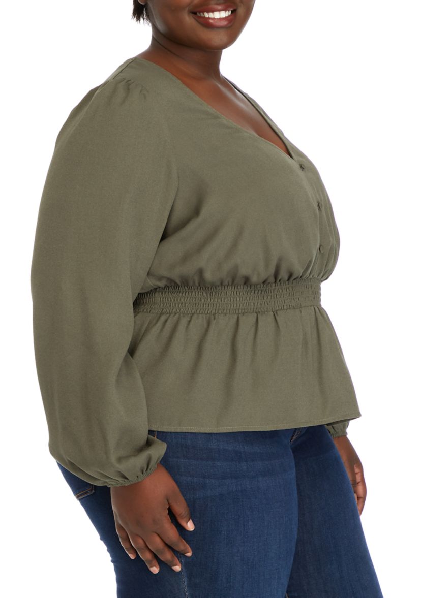 Plus Size Long Sleeve V-Neck Smocked Waist Woven Top