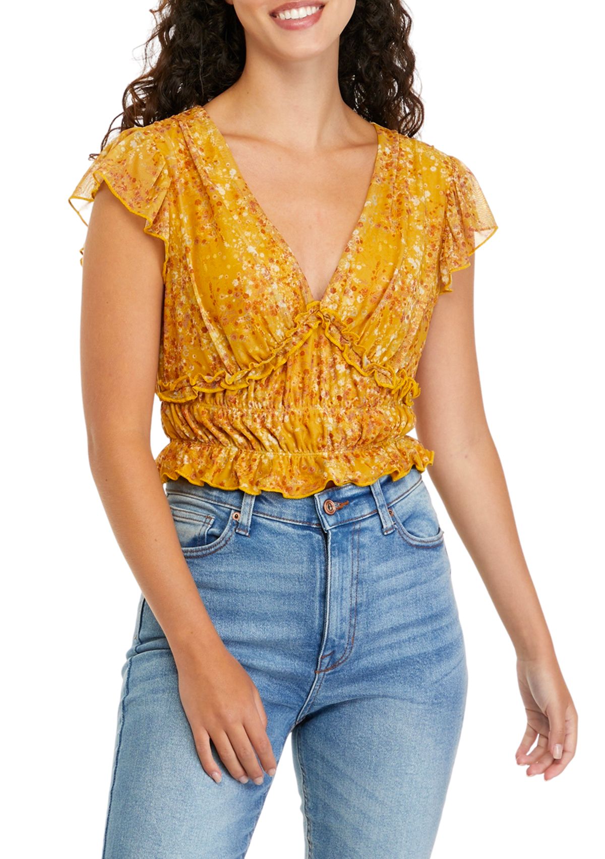 Juniors Short Flutter Sleeve Ruched Waist Top