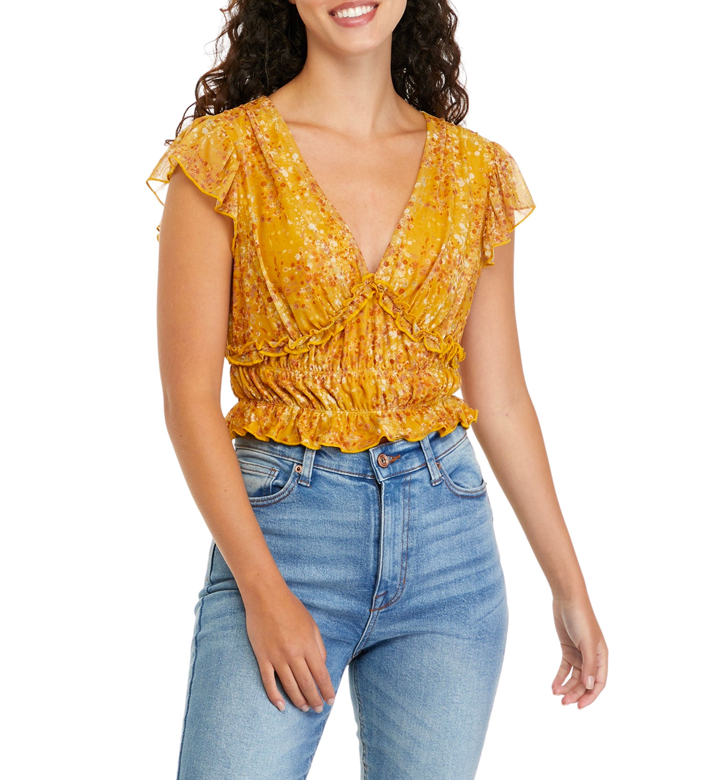 Juniors Short Flutter Sleeve Ruched Waist Top
