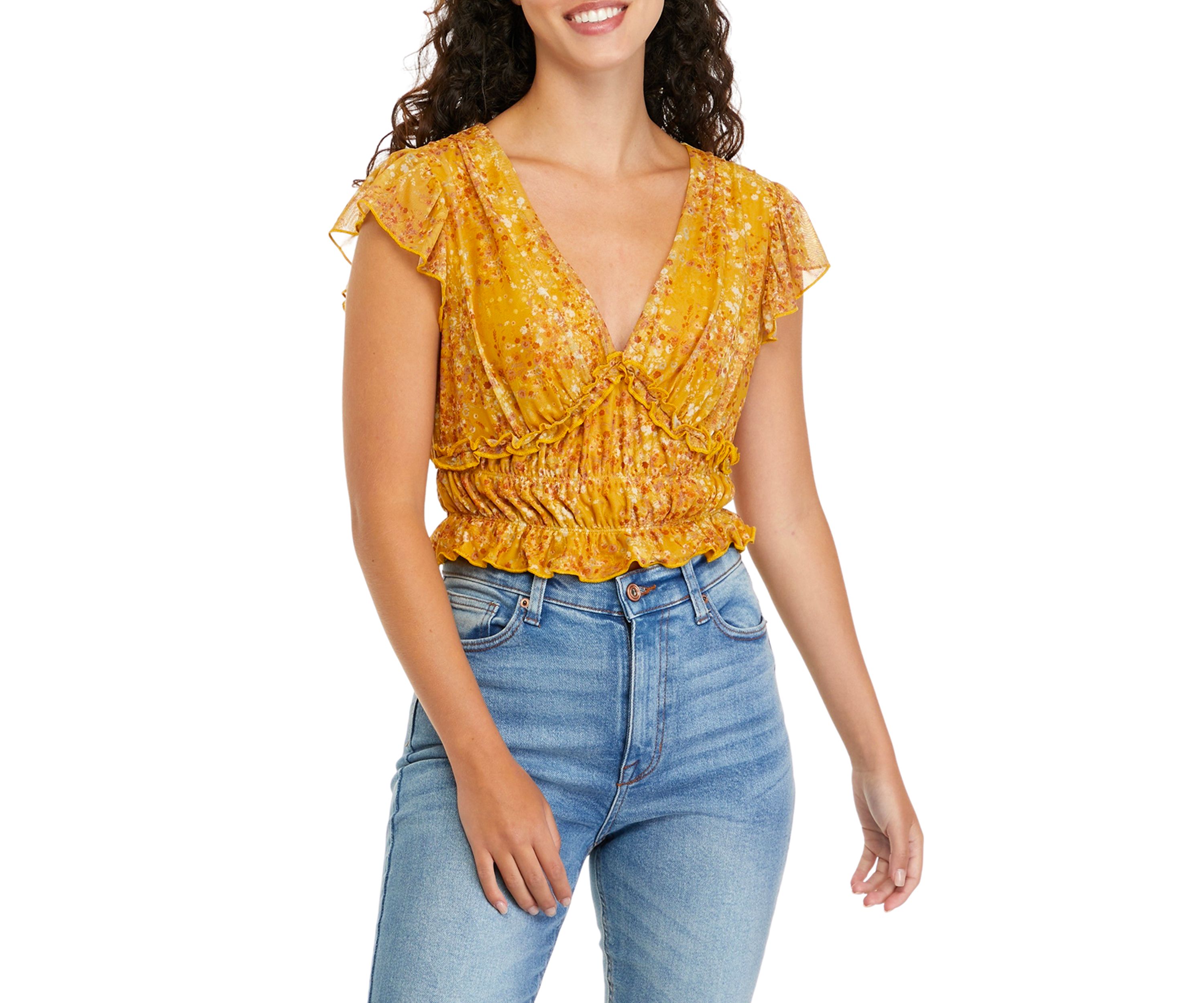 Juniors Short Flutter Sleeve Ruched Waist Top