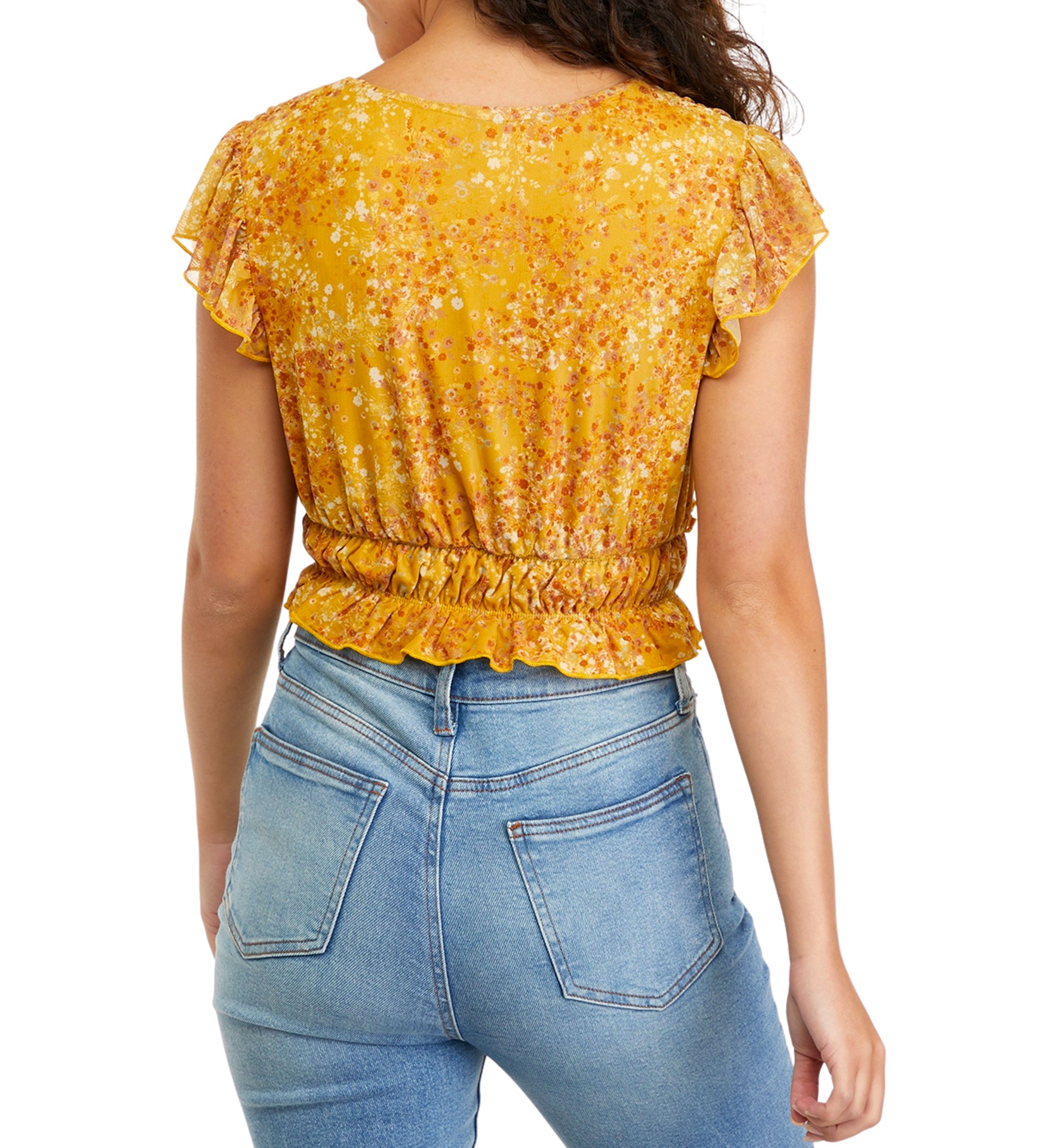 Juniors Short Flutter Sleeve Ruched Waist Top