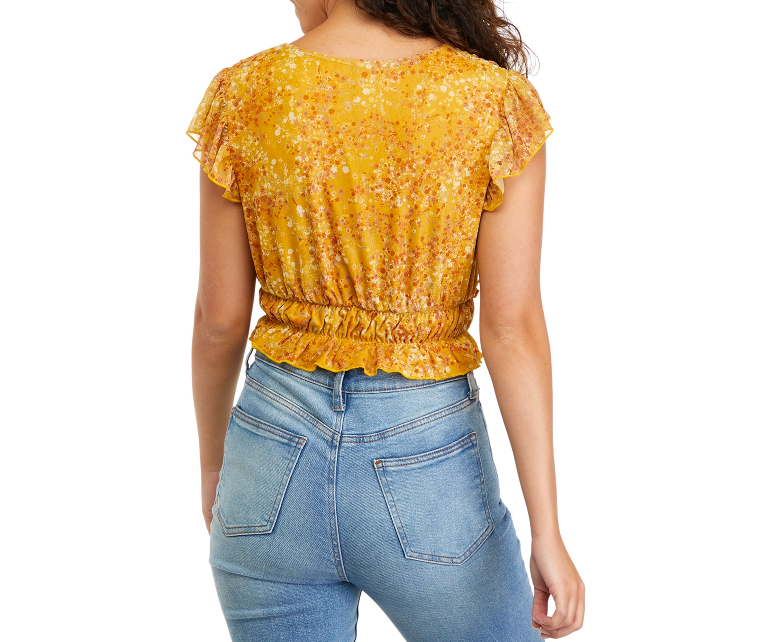Juniors Short Flutter Sleeve Ruched Waist Top