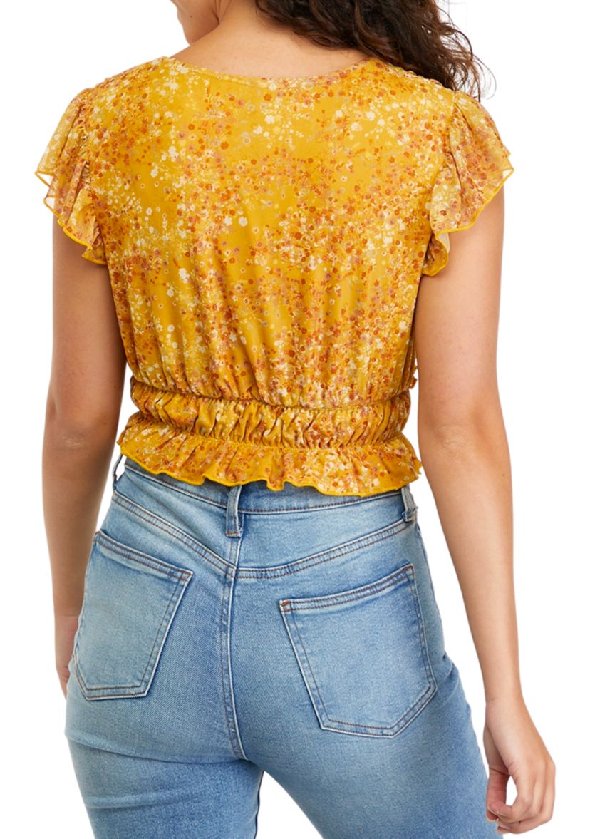 Juniors Short Flutter Sleeve Ruched Waist Top