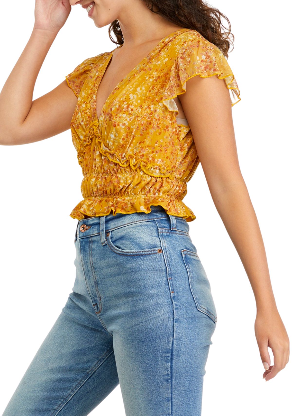 Juniors Short Flutter Sleeve Ruched Waist Top