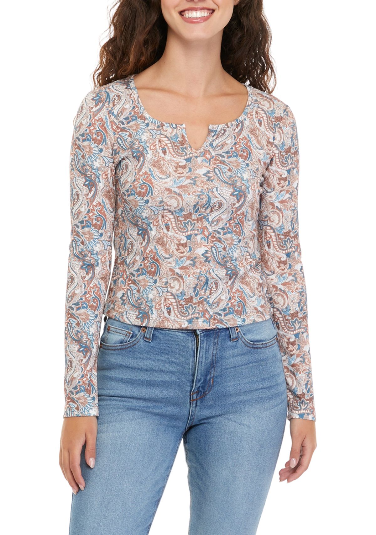   Juniors Long Sleeve Solid Notched Printed T-Shirt 