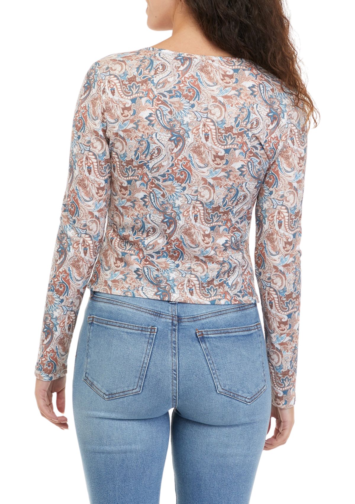   Juniors Long Sleeve Solid Notched Printed T-Shirt 