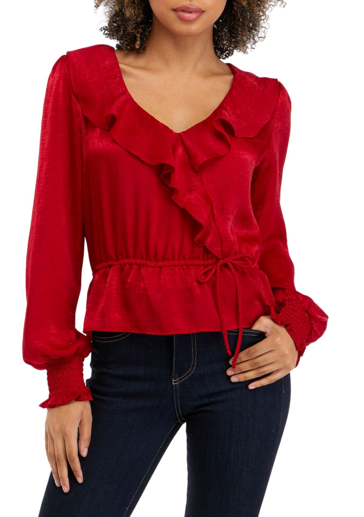 Juniors Long Sleeve Surplice Satin Woven Top