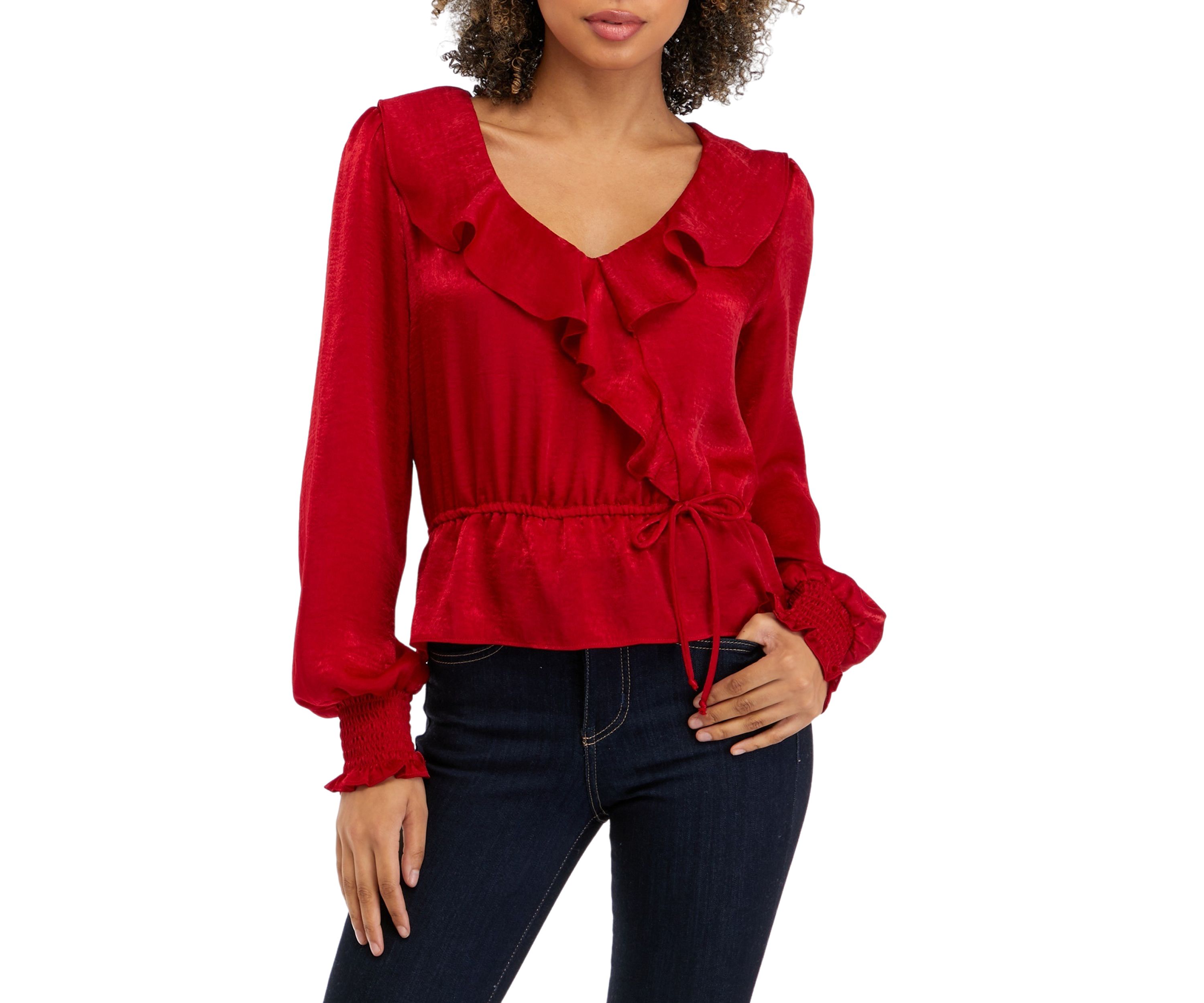 Juniors Long Sleeve Surplice Satin Woven Top