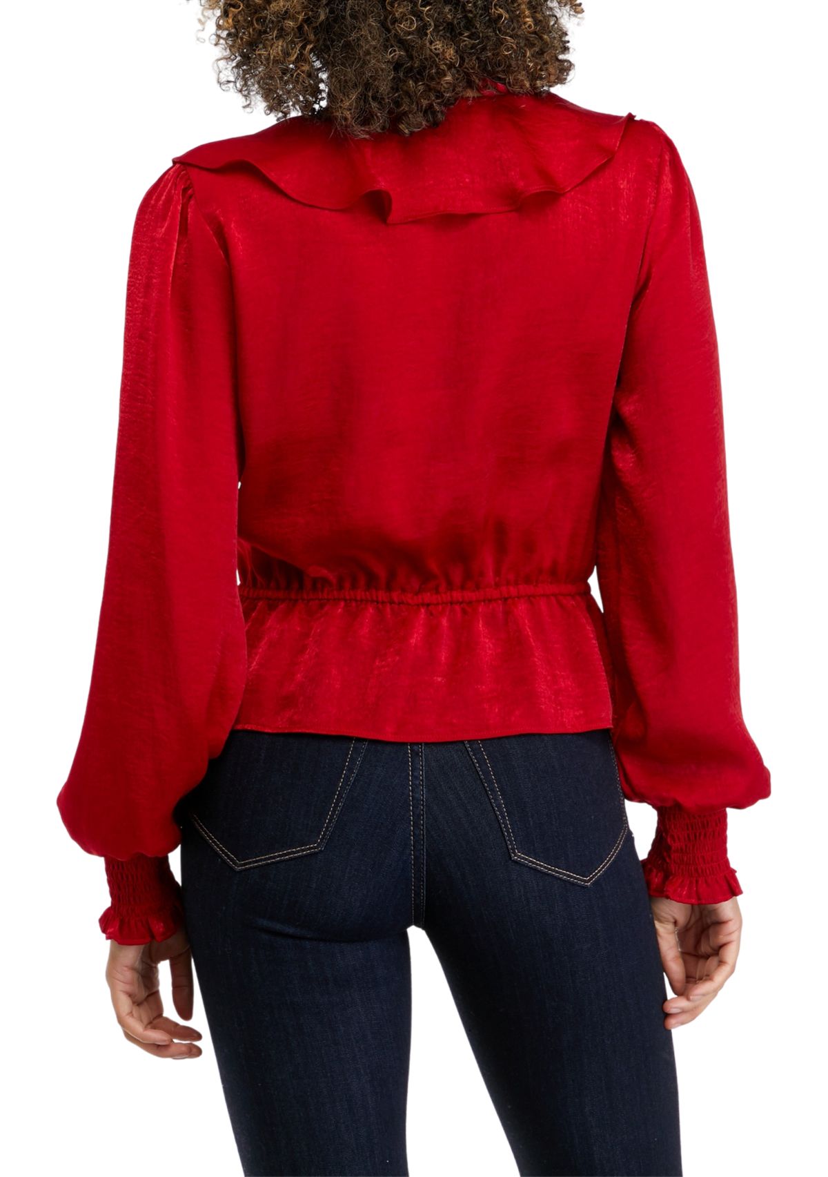 Juniors Long Sleeve Surplice Satin Woven Top